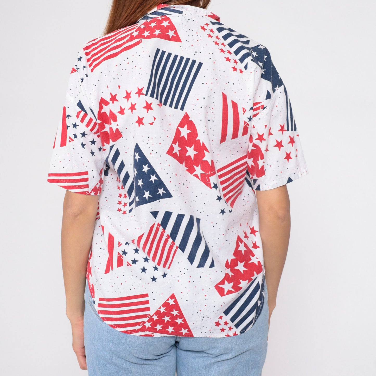 90s Stars and Stripes Button-Up Blouse Red White Blue American Flag Large L