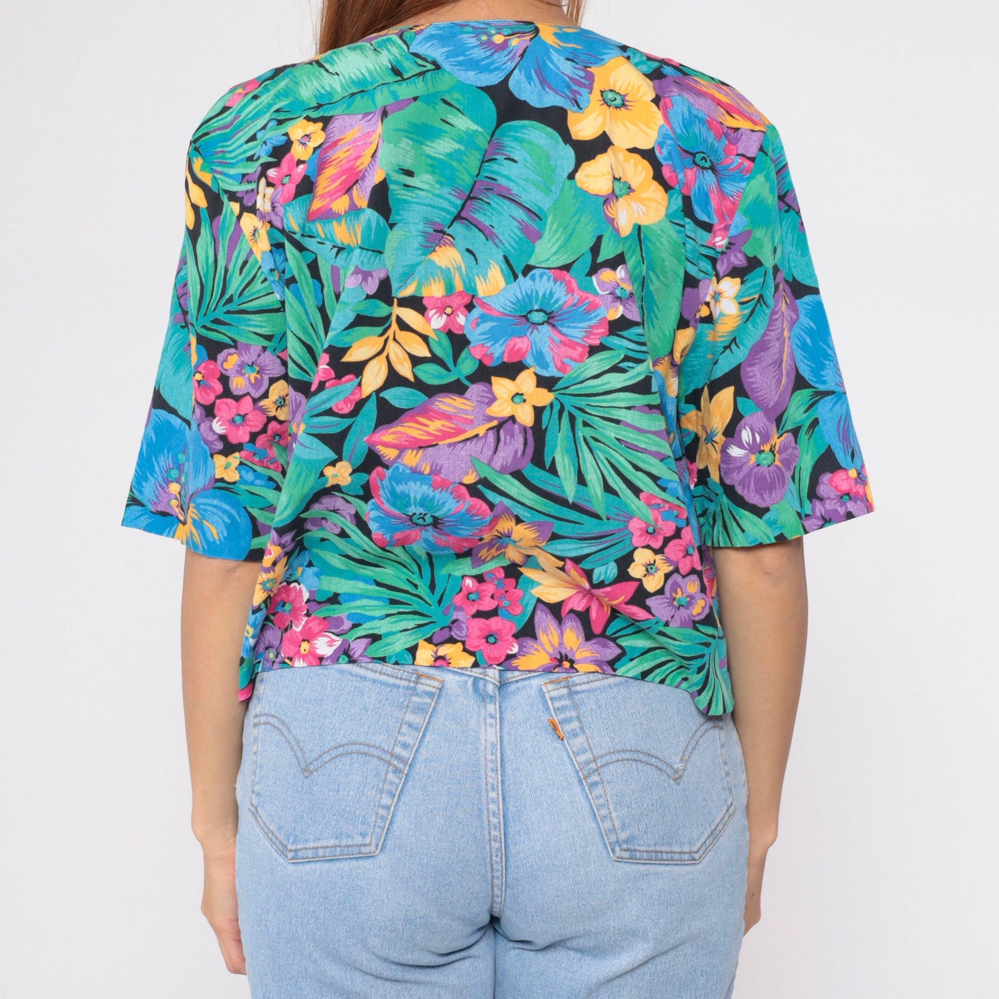 90s Black Tropical Floral Crop Top Button-Up Blouse Short Sleeve Large L