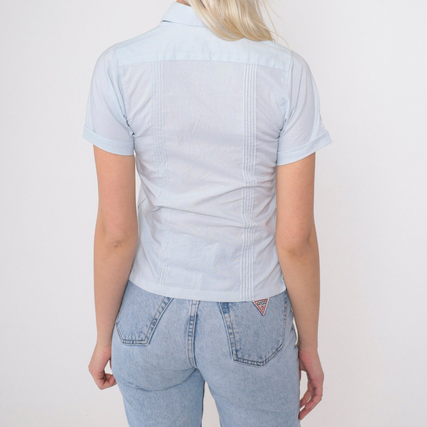 80s Baby Blue Embroidered Pintuck Button-Up Shirt Short Sleeve XXS