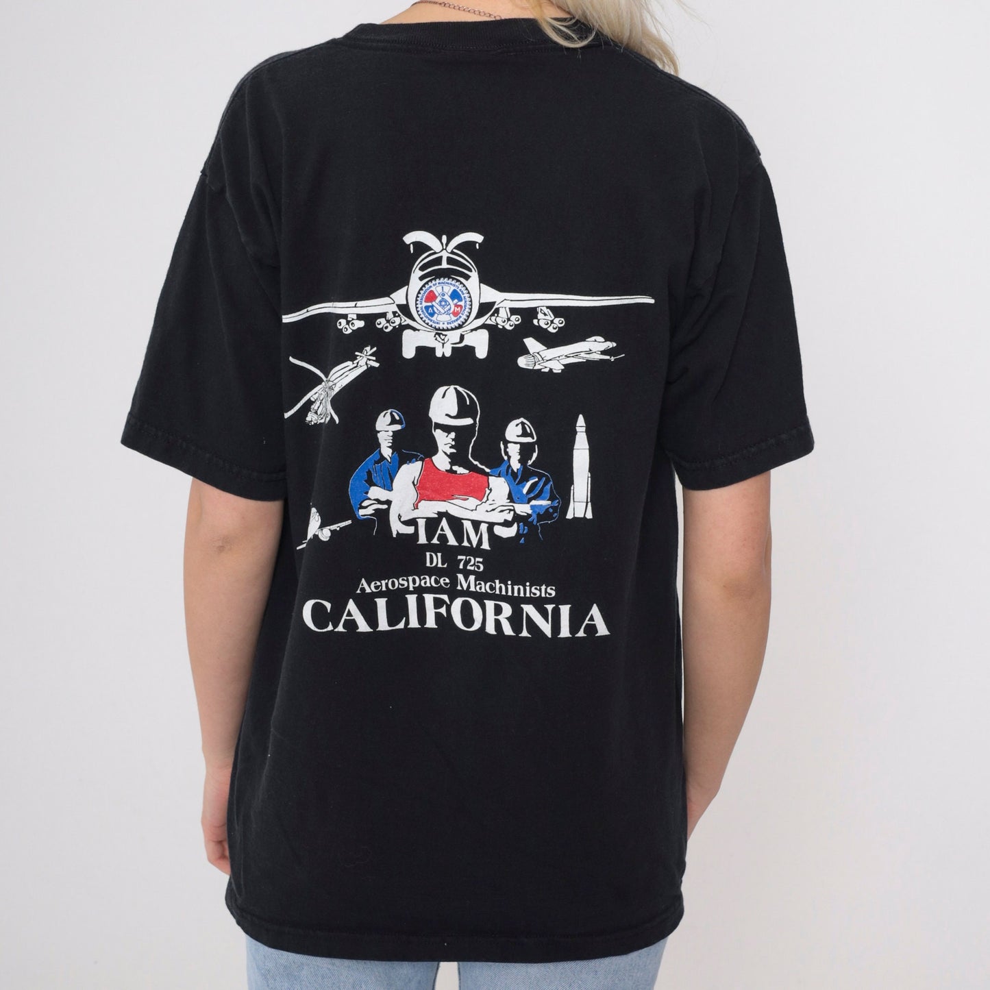 90s International Association of Machinists Aerospace Workers Graphic Tee Black Medium