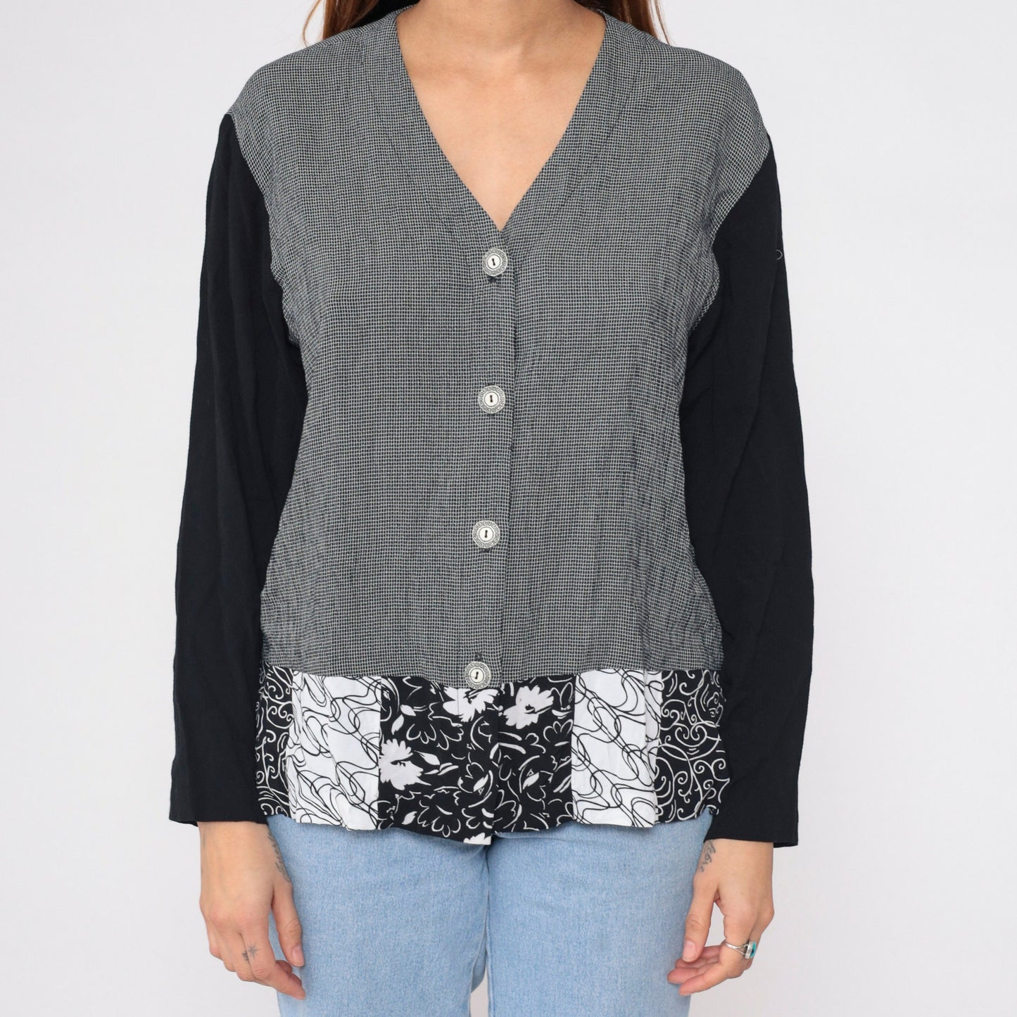 90s Aimee d Black White Checkered Floral Print Blouse V Neck Long Sleeve Small