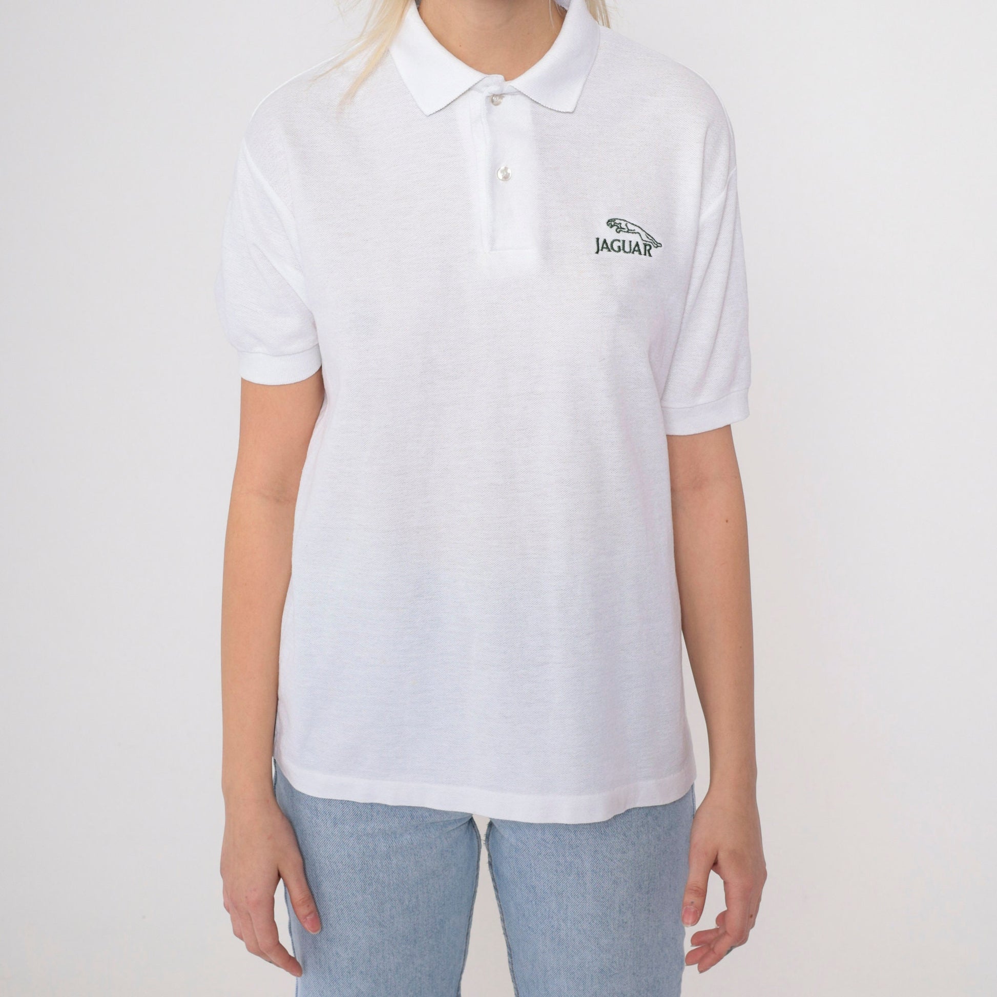 80s Jaguar Logo Polo Shirt White Cotton Graphic Button-Up Medium