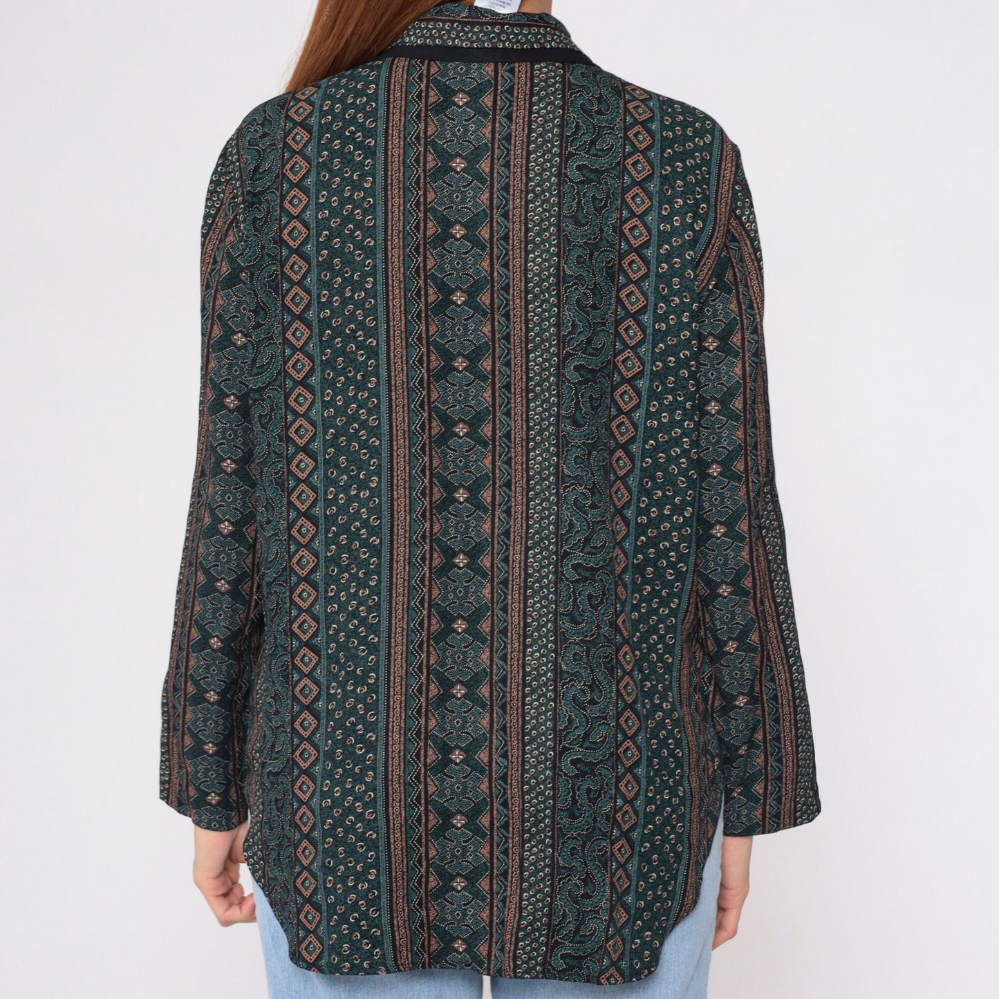 90s Striped Abstract Print Button-Up Blouse Layered Collar Long Sleeve Plus Size XXL