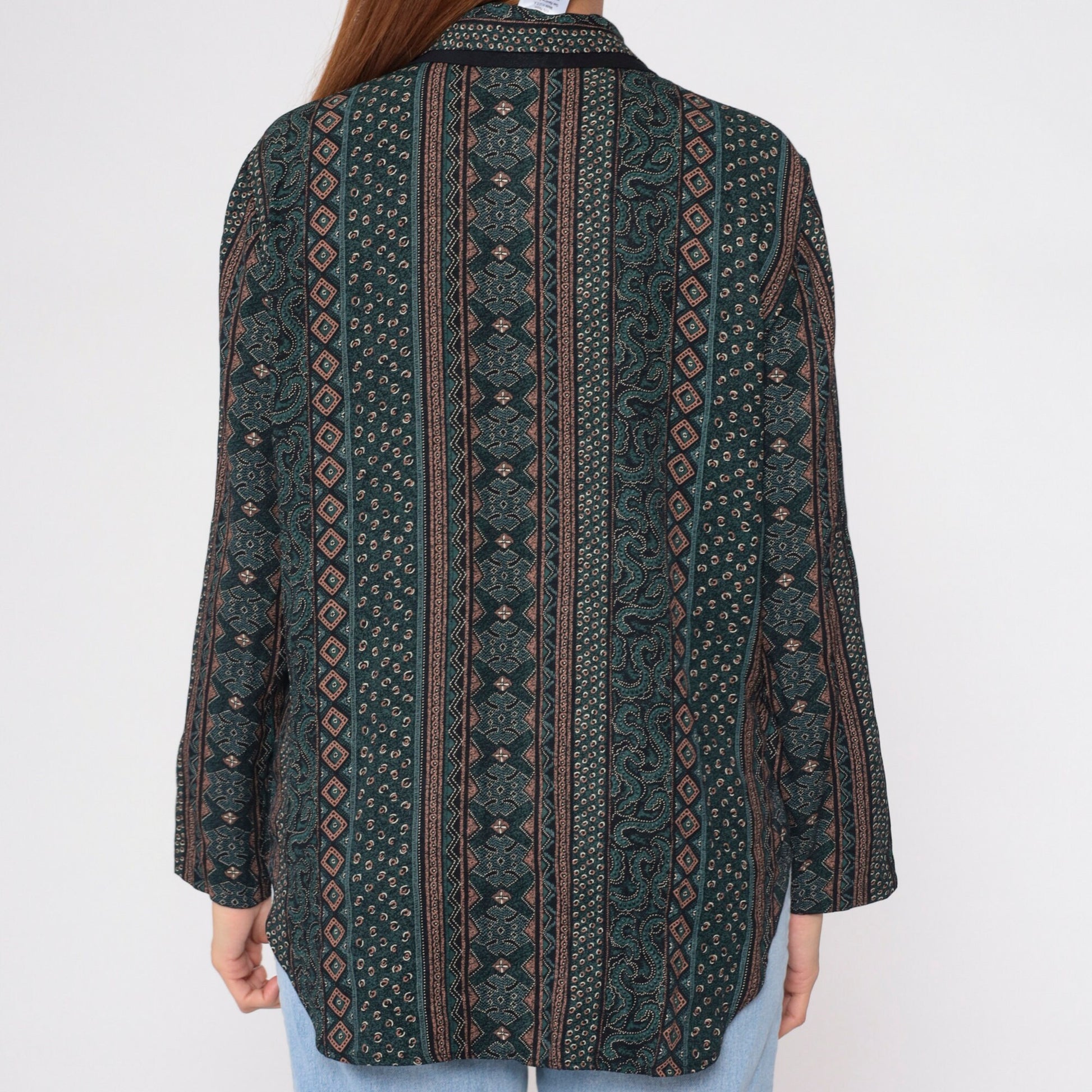90s Striped Abstract Print Button-Up Blouse Layered Collar Long Sleeve Plus Size XXL