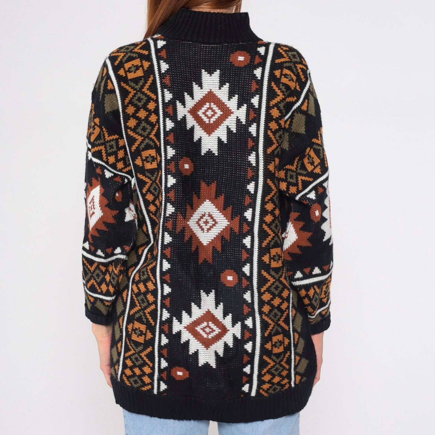 80s Southwestern Knit Turtleneck Sweater Black Geometric Print Large L