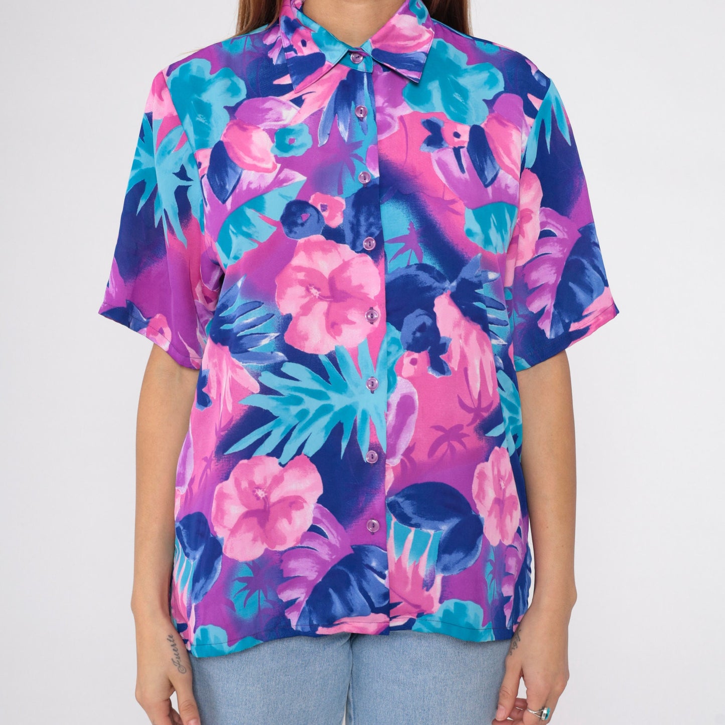 90s Bon Worth Hawaiian Floral Blouse Pink Purple Blue Short Sleeve Small