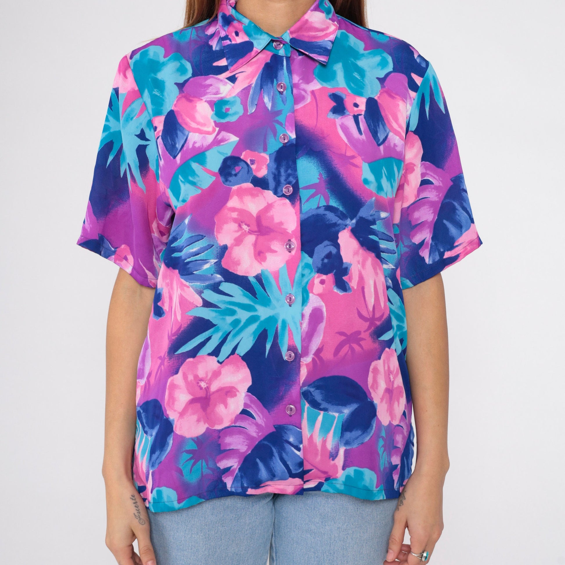 90s Bon Worth Hawaiian Floral Blouse Pink Purple Blue Short Sleeve Small