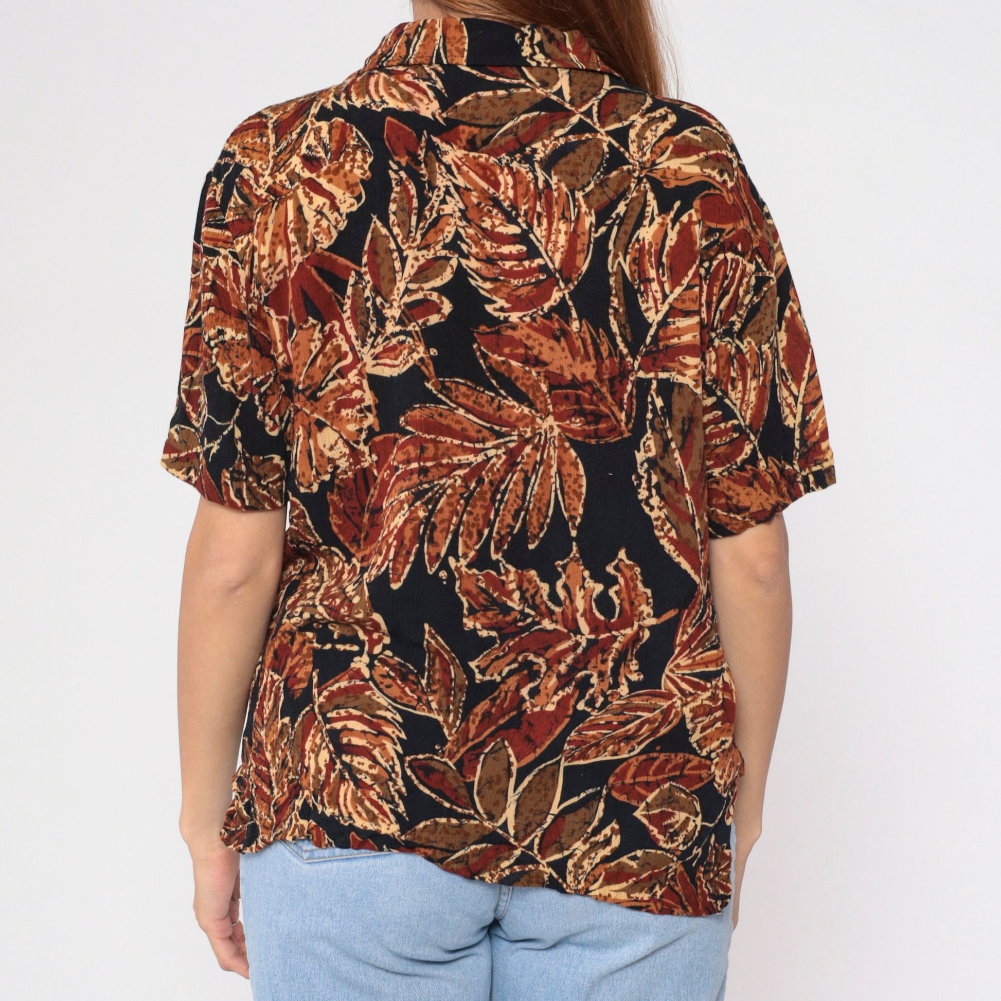 90s Tropical Leaf Button-Up Blouse Black Botanical Print Short Sleeve Medium