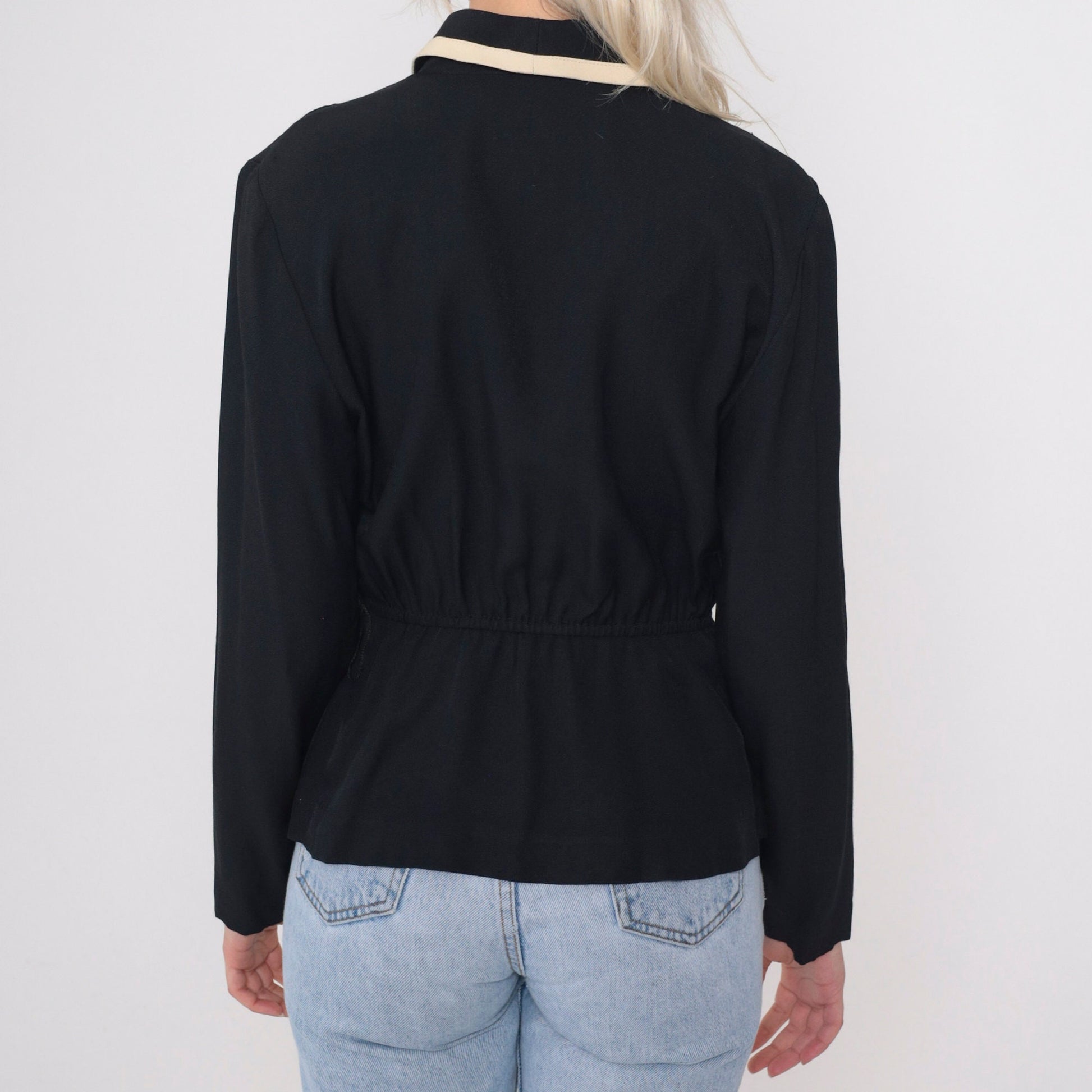 90s Black Blazer with Cream Trim Peplum Jacket Gold Buttons Small