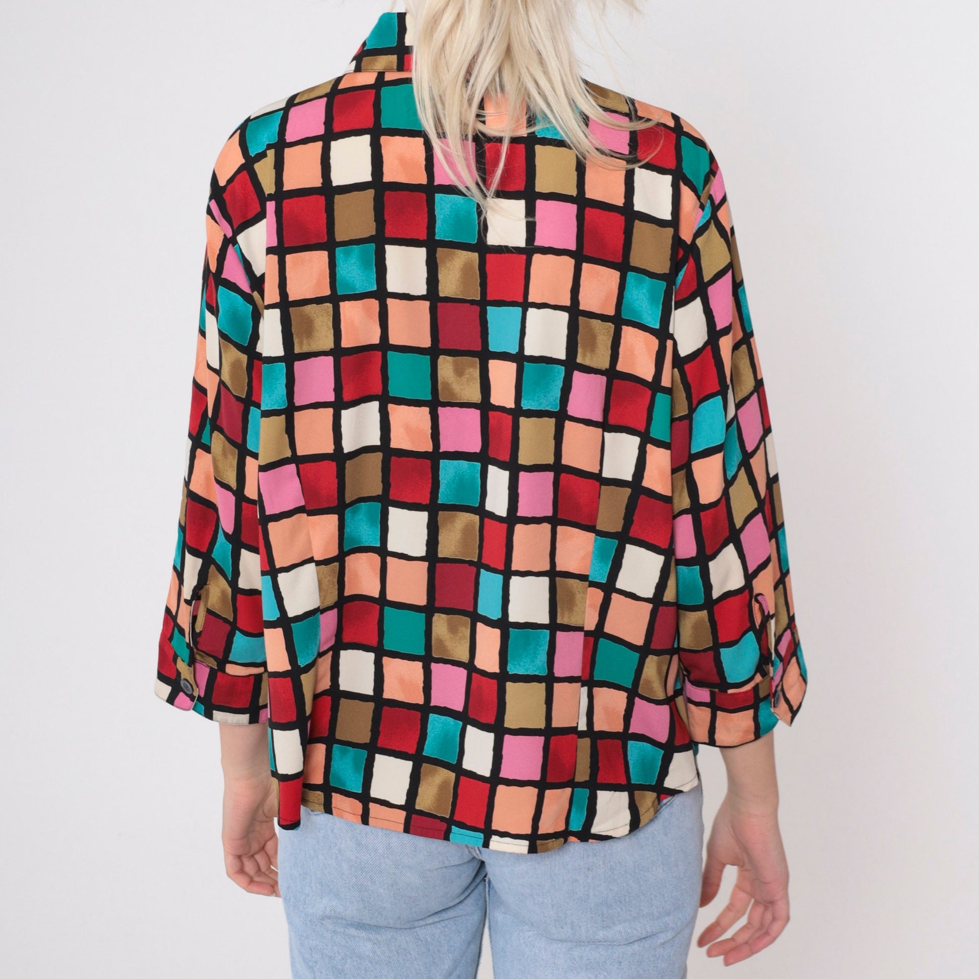 90s Checkered Button-Up Blouse 3/4 Sleeve Red Pink Turquoise Preppy Extra Large