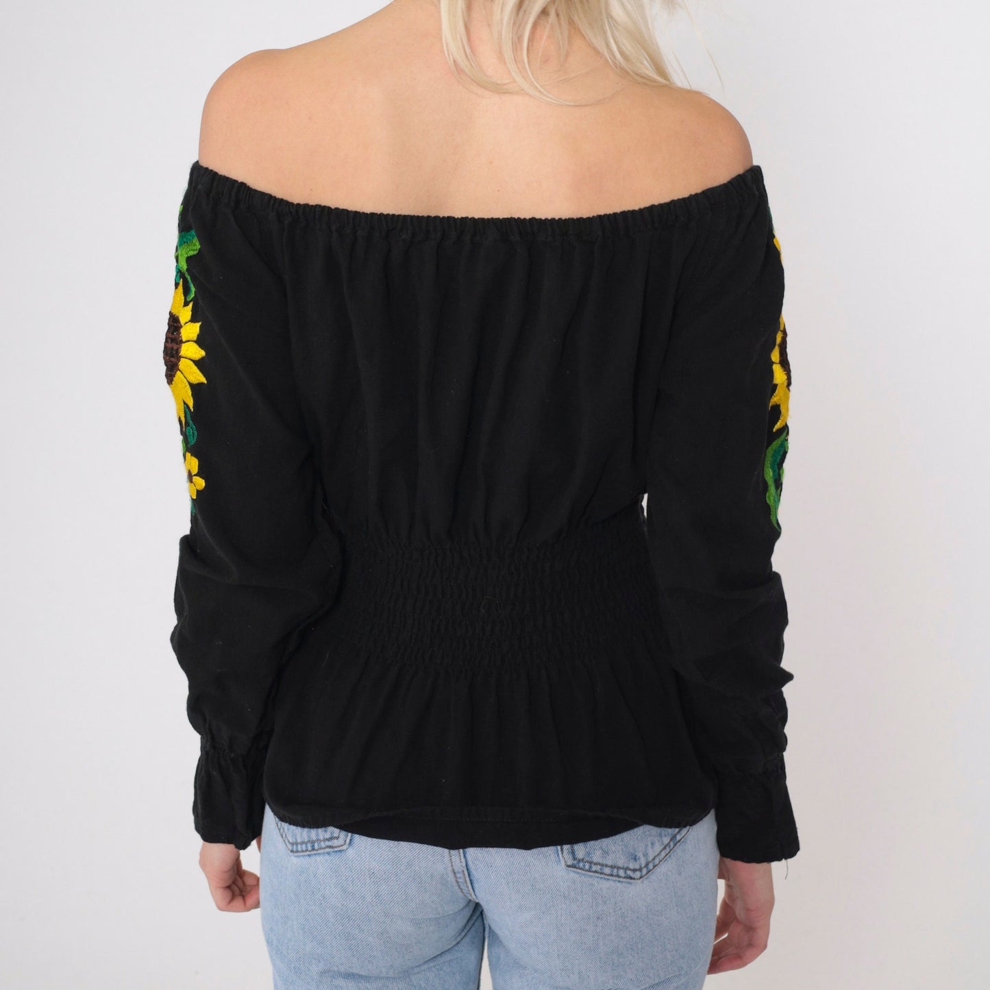 90s Mexican Embroidered Blouse Black Off-Shoulder Sunflower Smocked Small