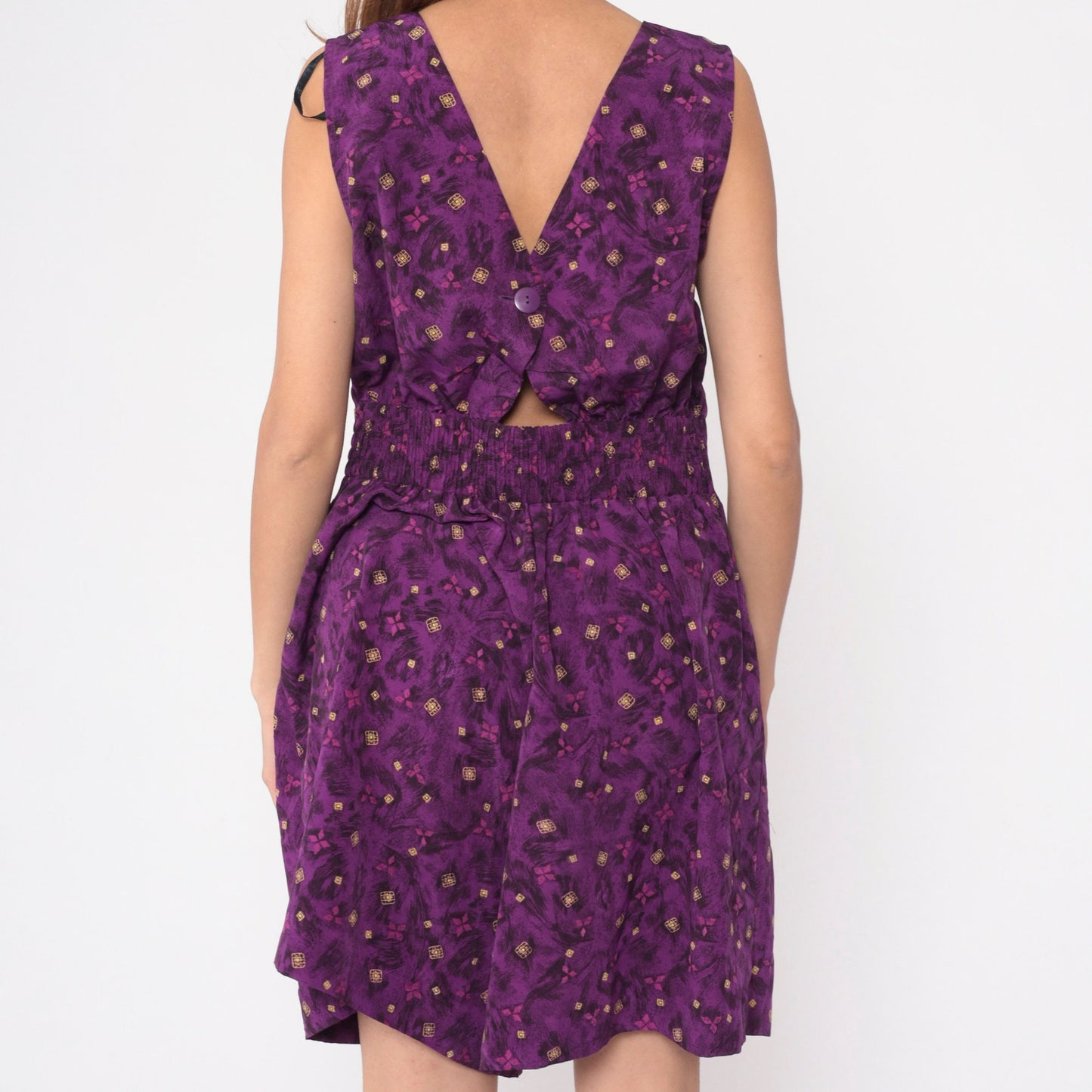 90s Kathie Lee Purple Geometric Leaf Print Romper Keyhole Back Medium Large