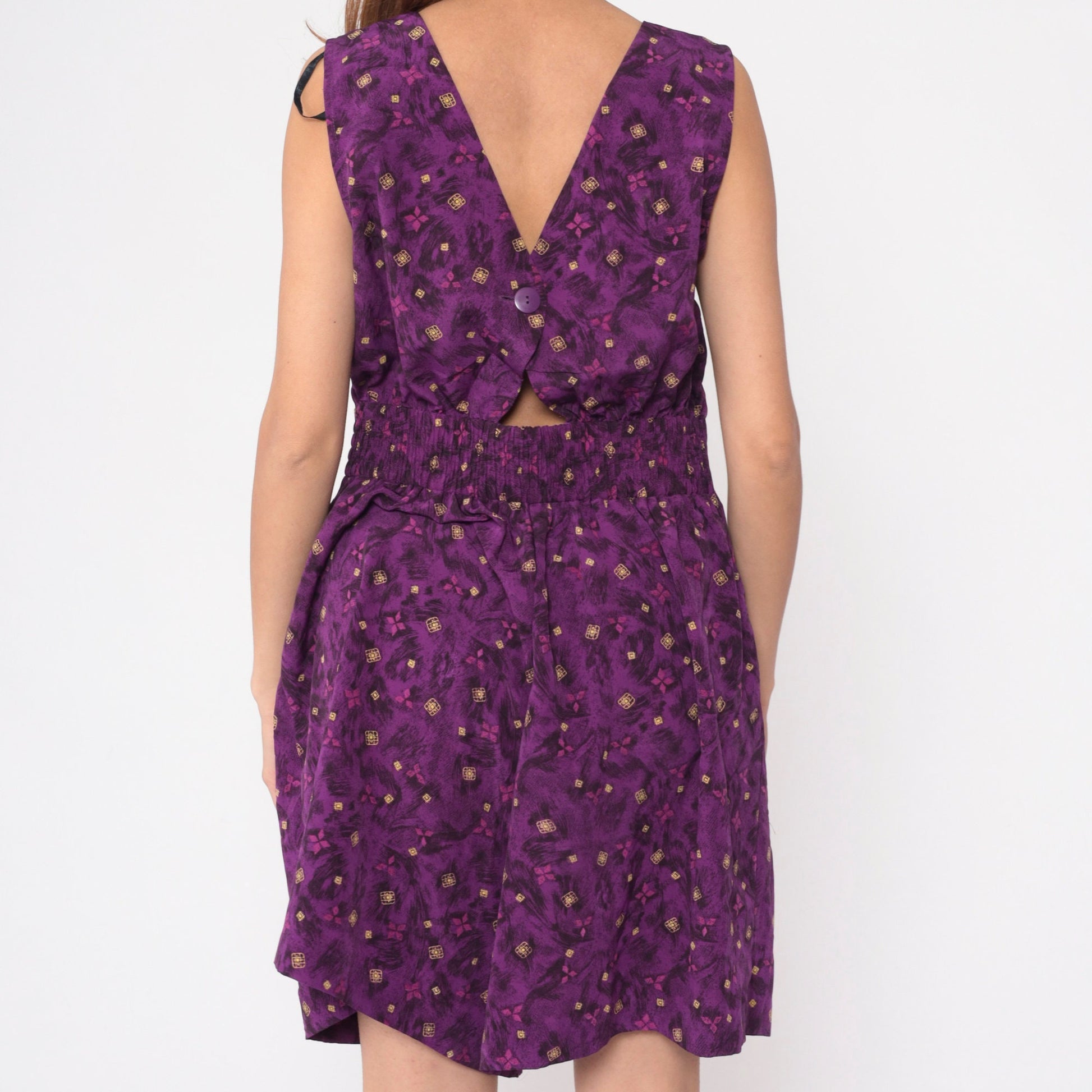 90s Kathie Lee Purple Geometric Leaf Print Romper Keyhole Back Medium Large