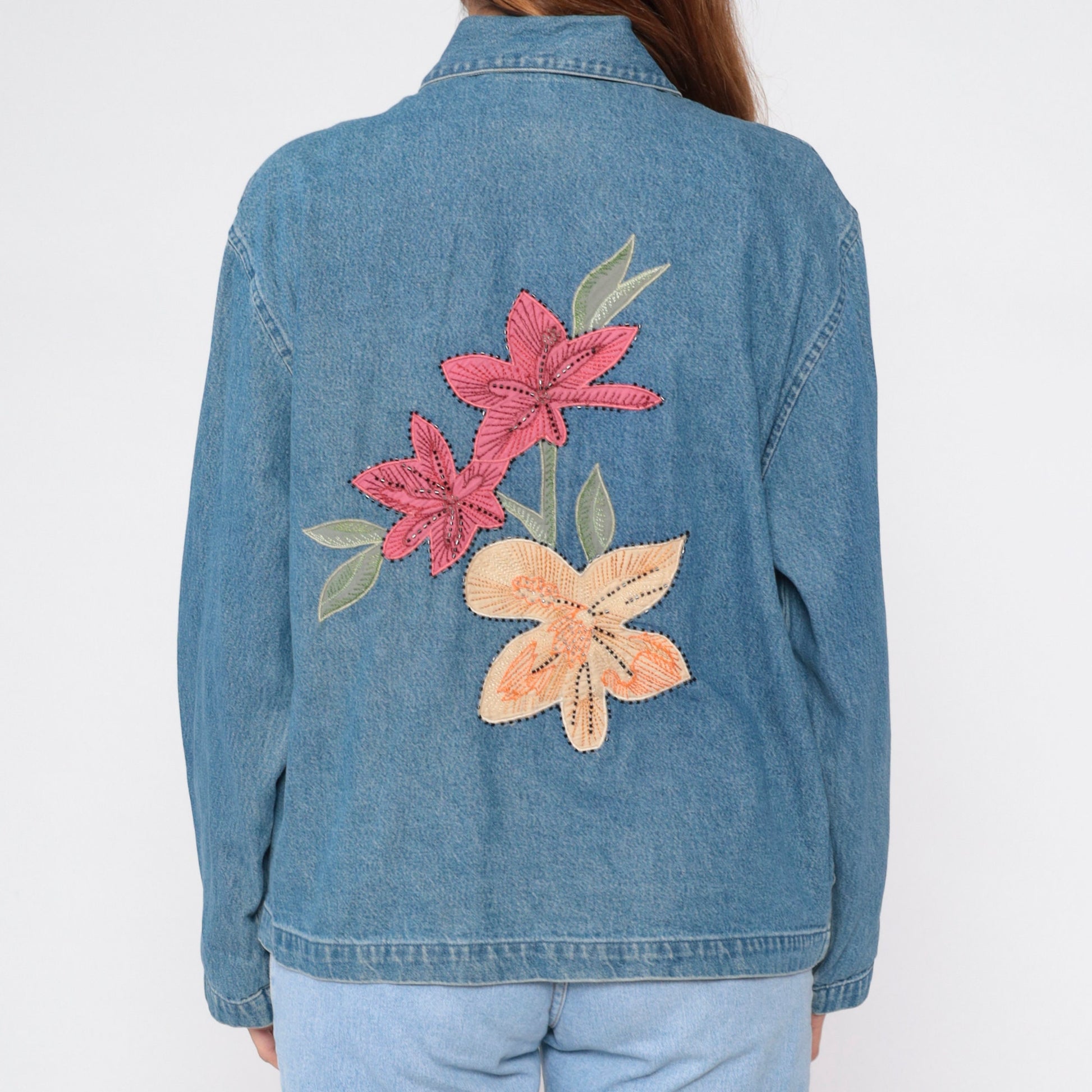 90s Tantrums Denim Jacket Floral Embroidered Beaded Blue Large