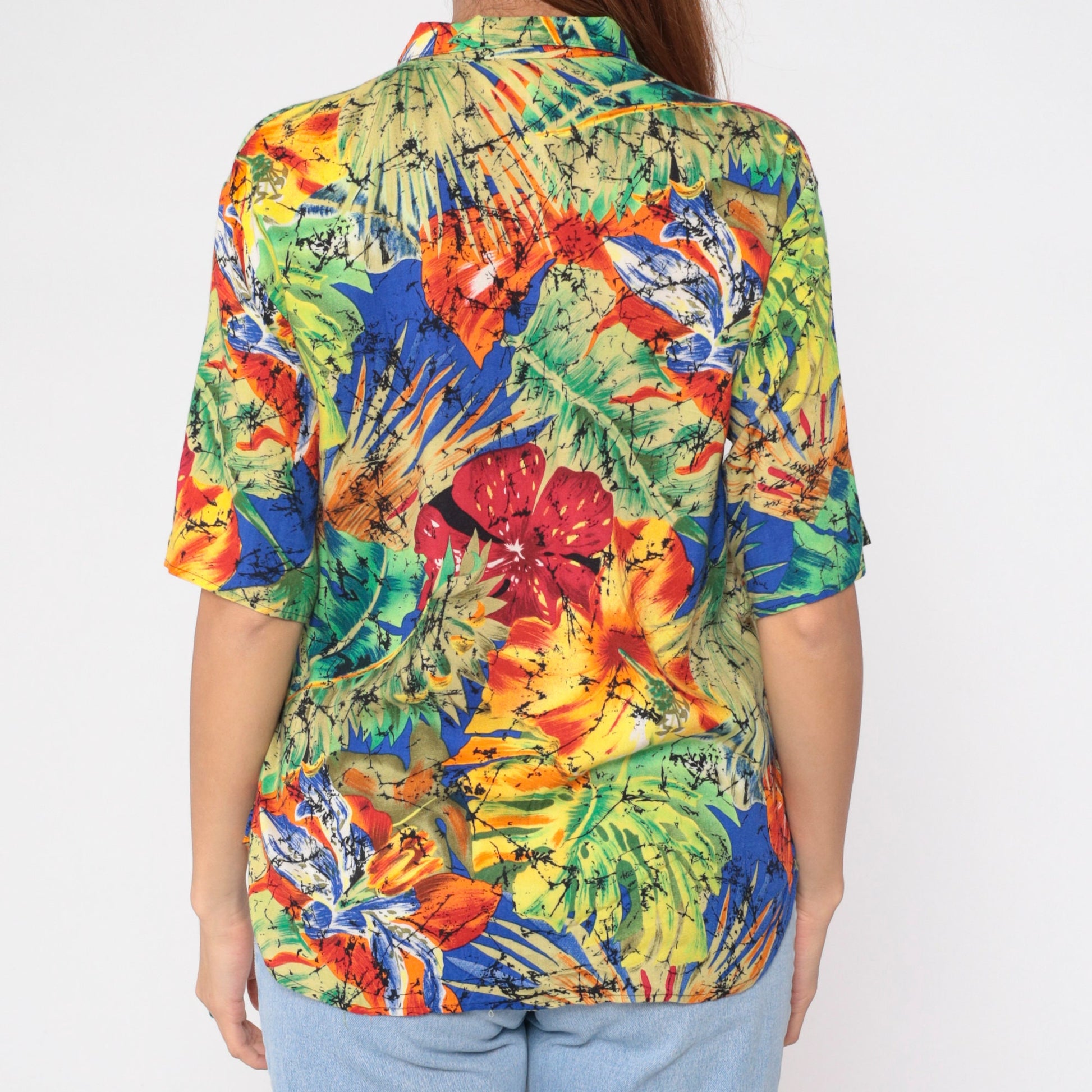 90s Tropical Floral Button-Up Blouse Red Black Marbled Print Short Sleeve Small