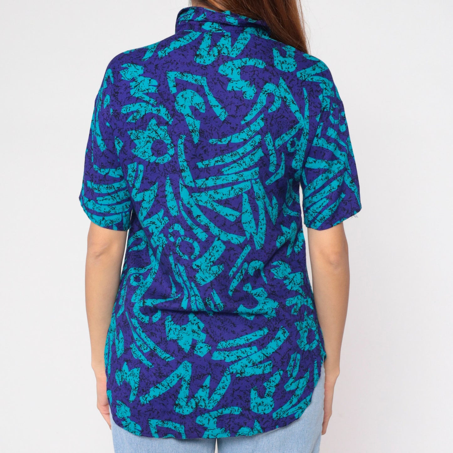 90s Abstract Marbled Button-Up Blouse Purple Blue Black Short Sleeve Medium