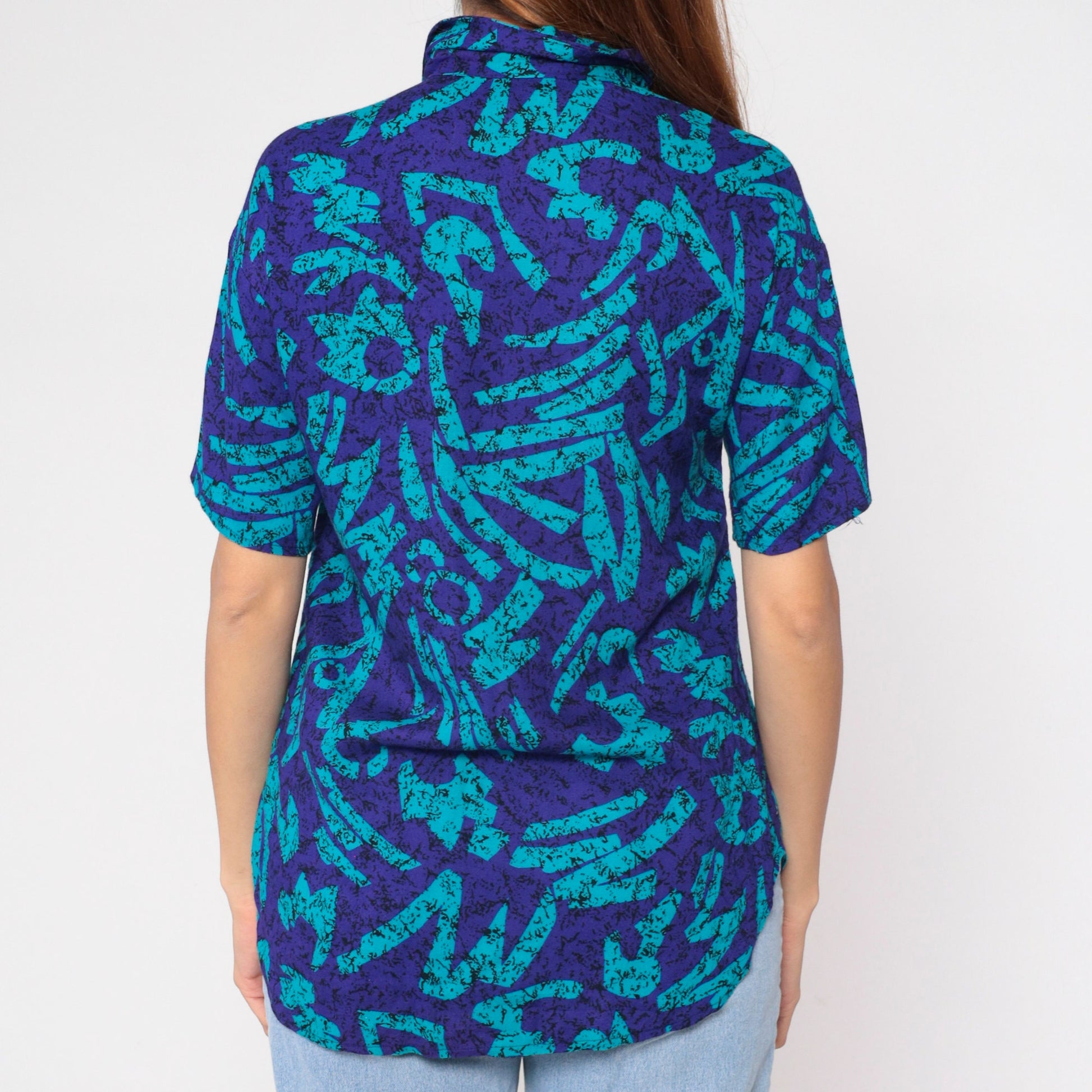 90s Abstract Marbled Button-Up Blouse Purple Blue Black Short Sleeve Medium