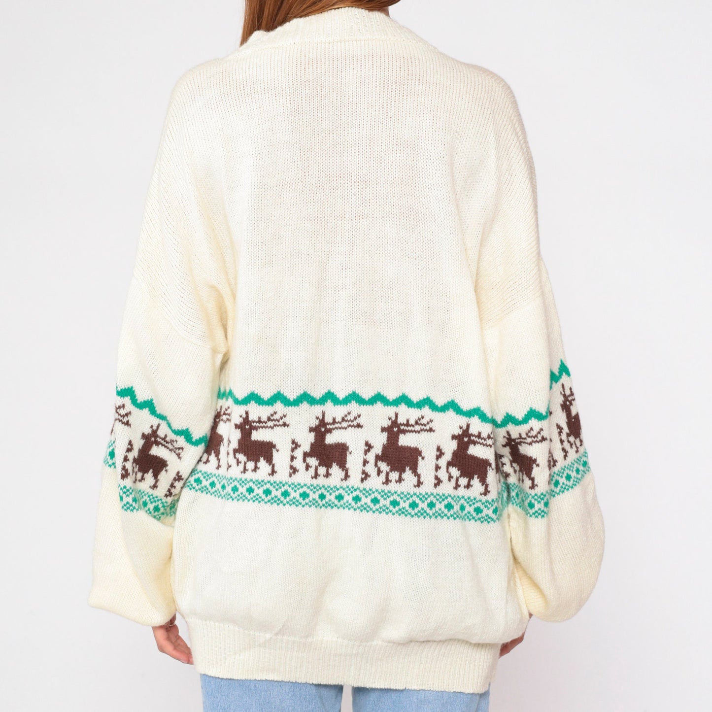 70s Elk Print Cream Knit V-Neck Sweater Striped Animal Pullover Large