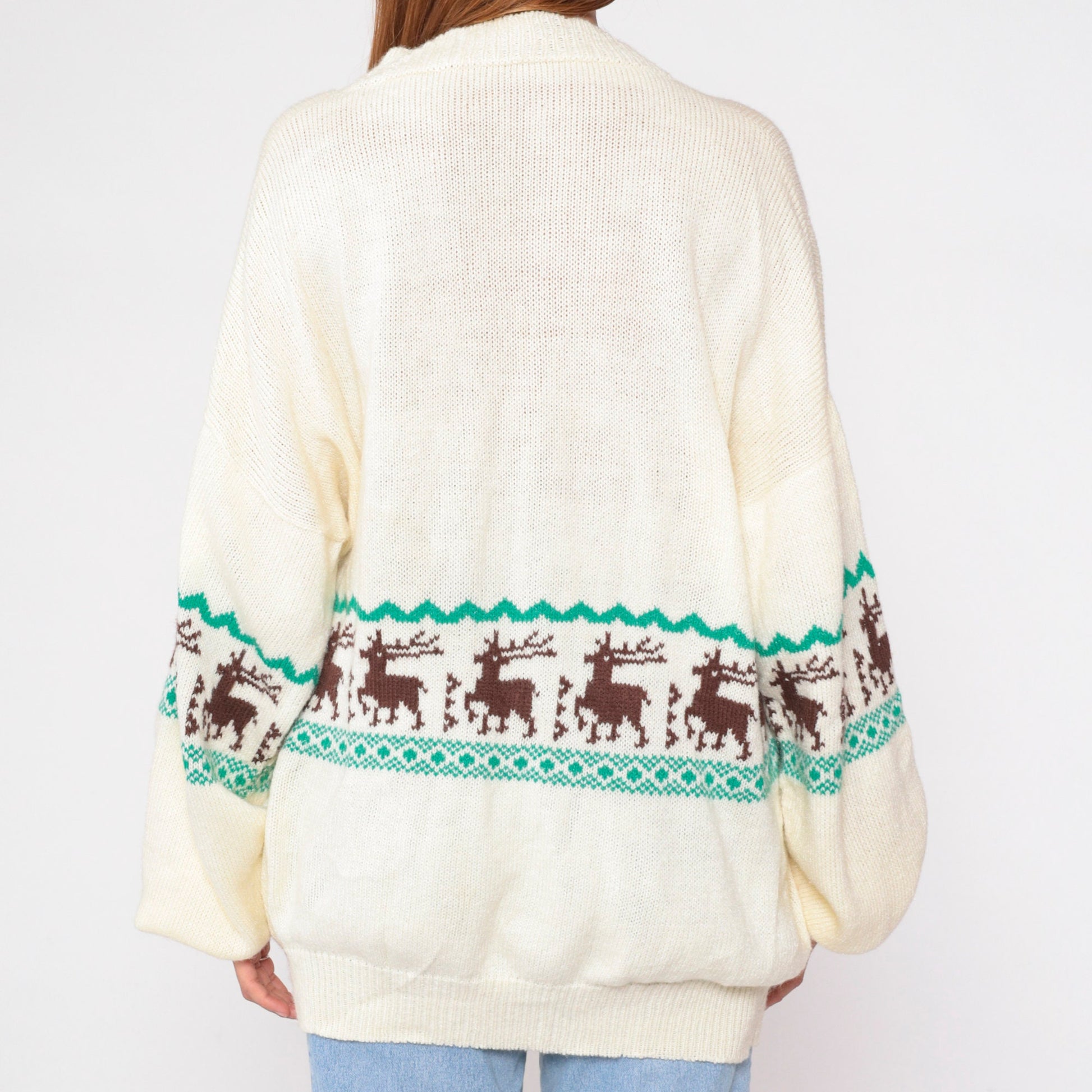 70s Elk Print Cream Knit V-Neck Sweater Striped Animal Pullover Large