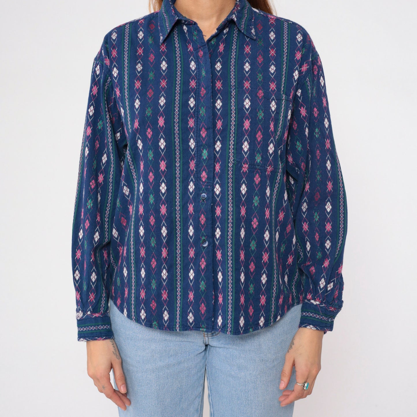 90s Krazy Kat Blue Argyle Diamond Print Button-Up Blouse Long Sleeve Large L