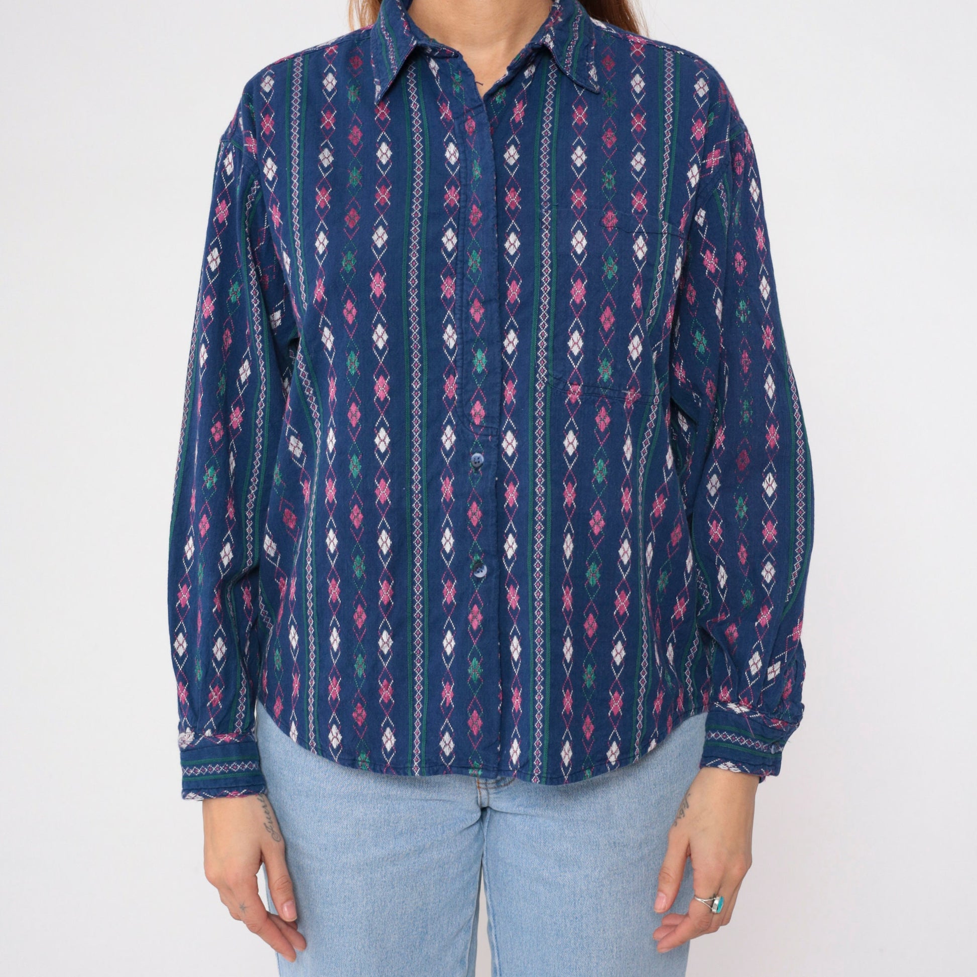 90s Krazy Kat Blue Argyle Diamond Print Button-Up Blouse Long Sleeve Large L