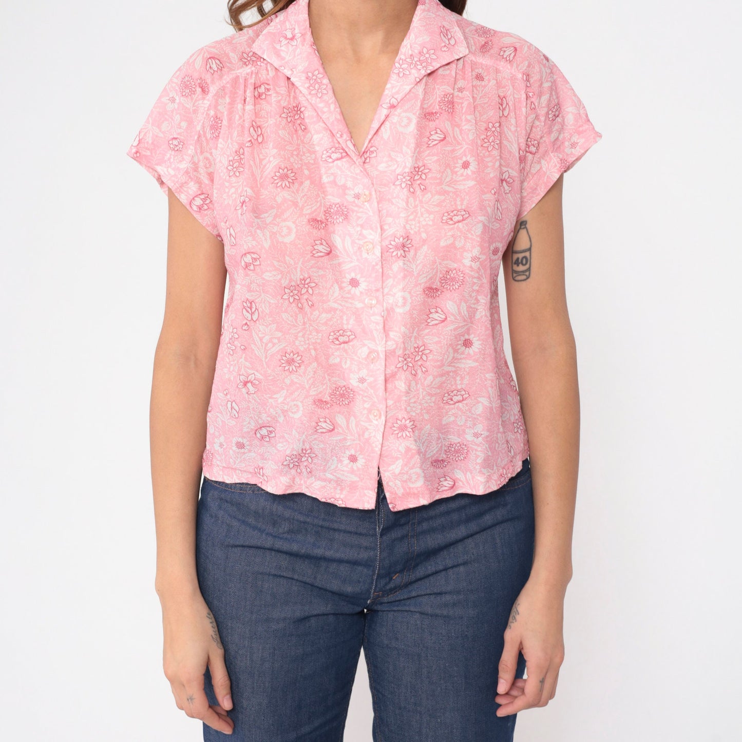 70s Pink Floral Button-Up Blouse Cap Sleeve Semi-Sheer Medium