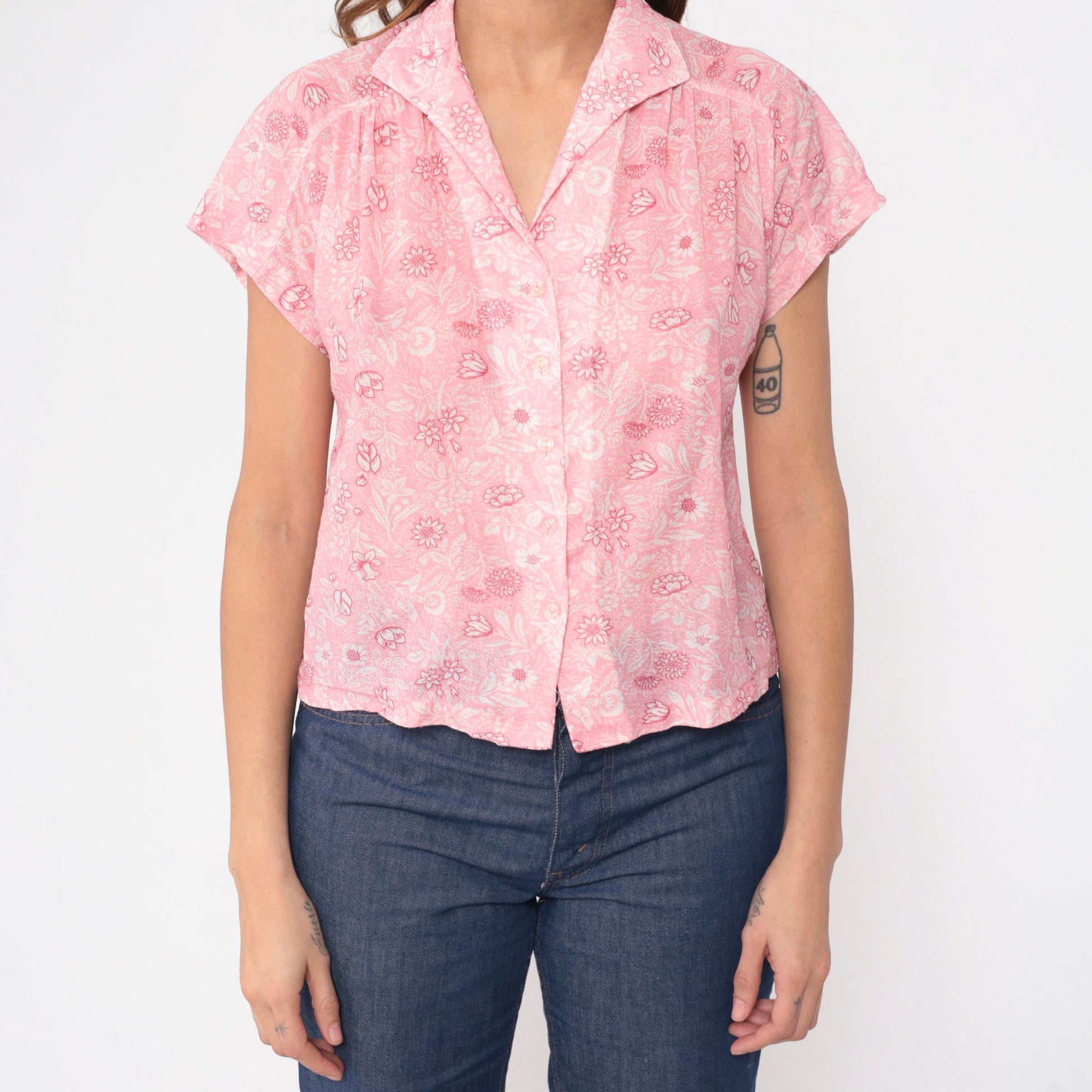 70s Pink Floral Button-Up Blouse Cap Sleeve Semi-Sheer Medium