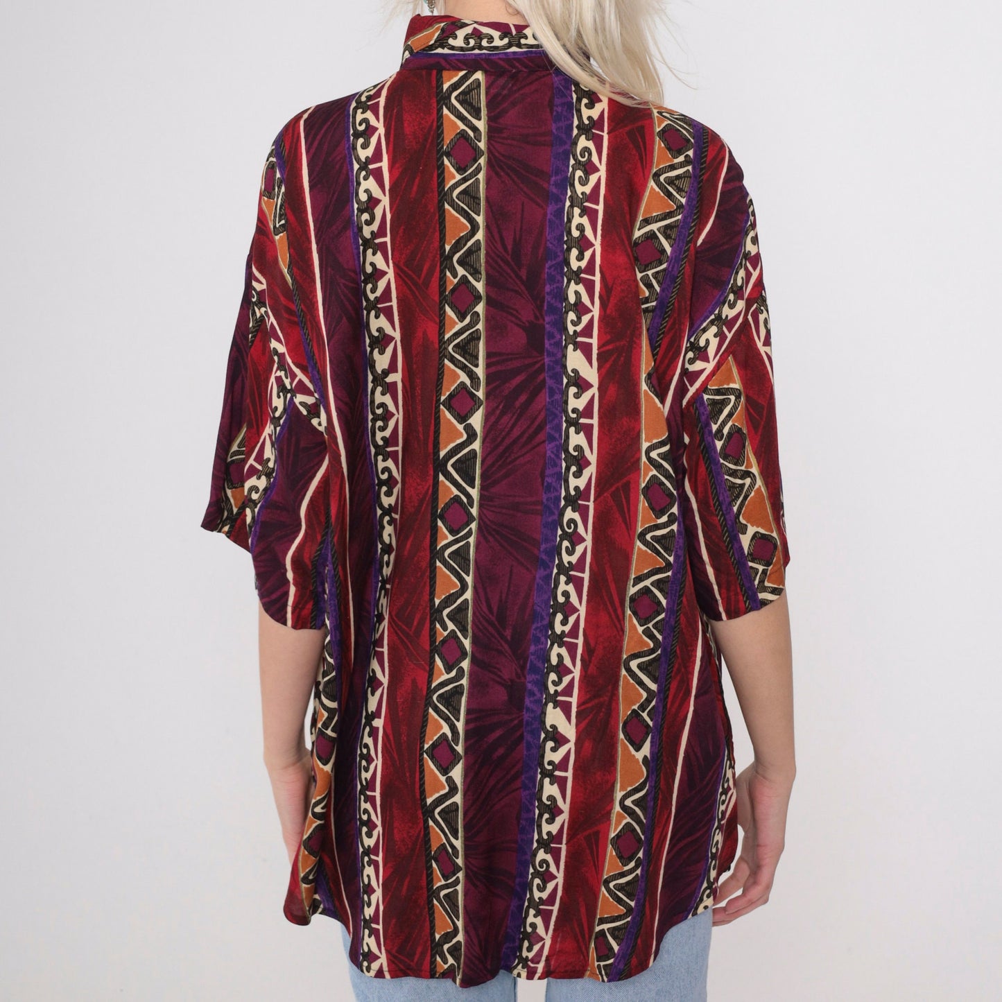 90s Geometric Zig Zag Button Up Shirt Rayon Red Purple Diamond Large L