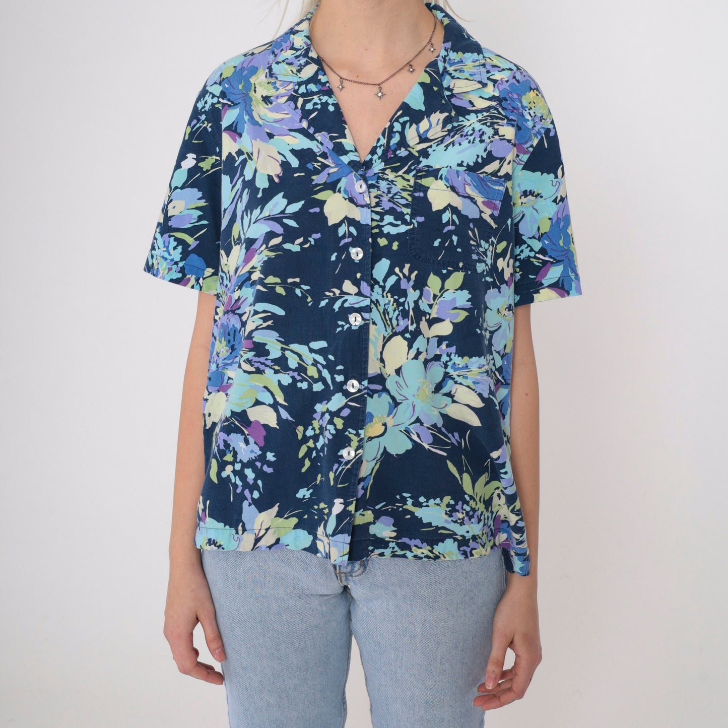 90s Floral Blouse Dark Blue Short Sleeve Button Up Shirt Medium