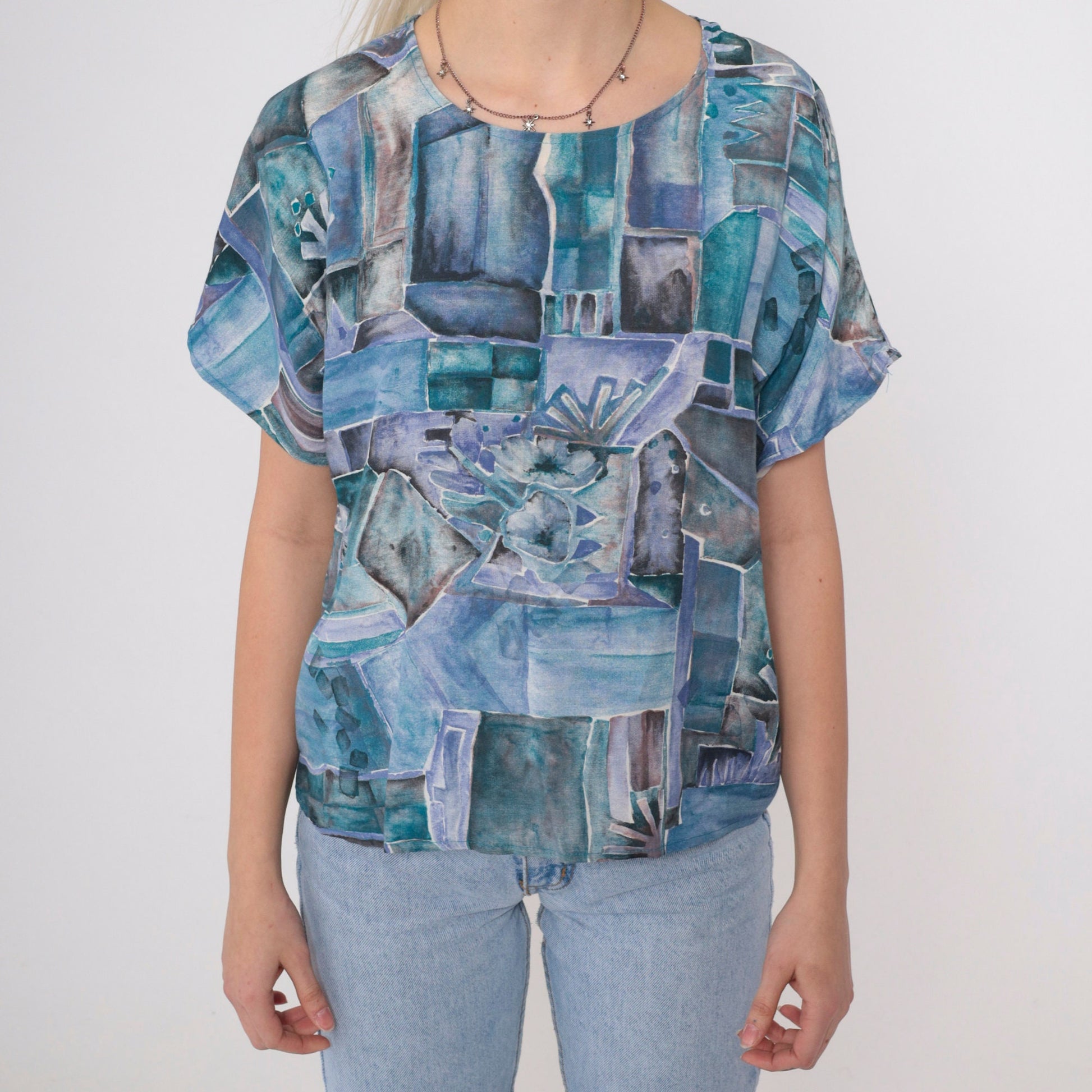 90s Susan Burrowes Watercolor Geometric Blouse Blue Short Sleeve Petite 6