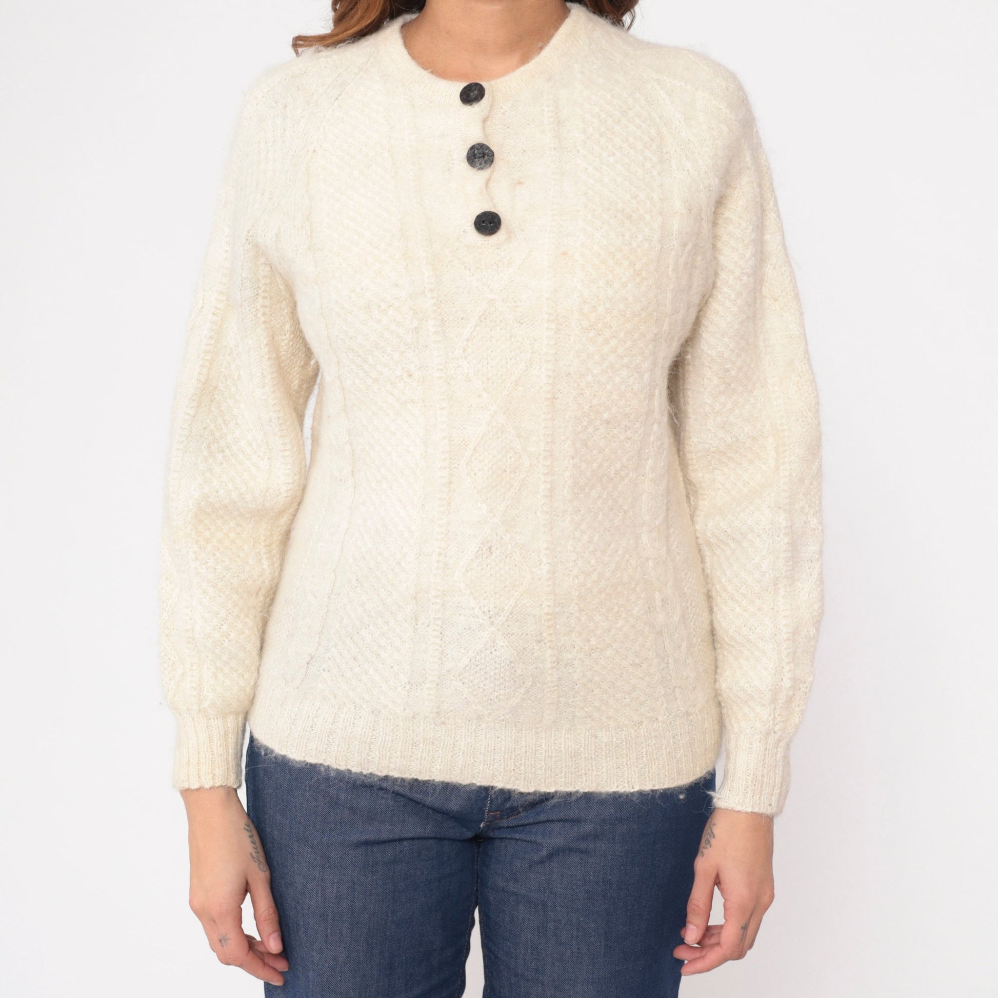 80s Aymara Alpaca Wool Cable Knit Sweater Cream Raglan Small S