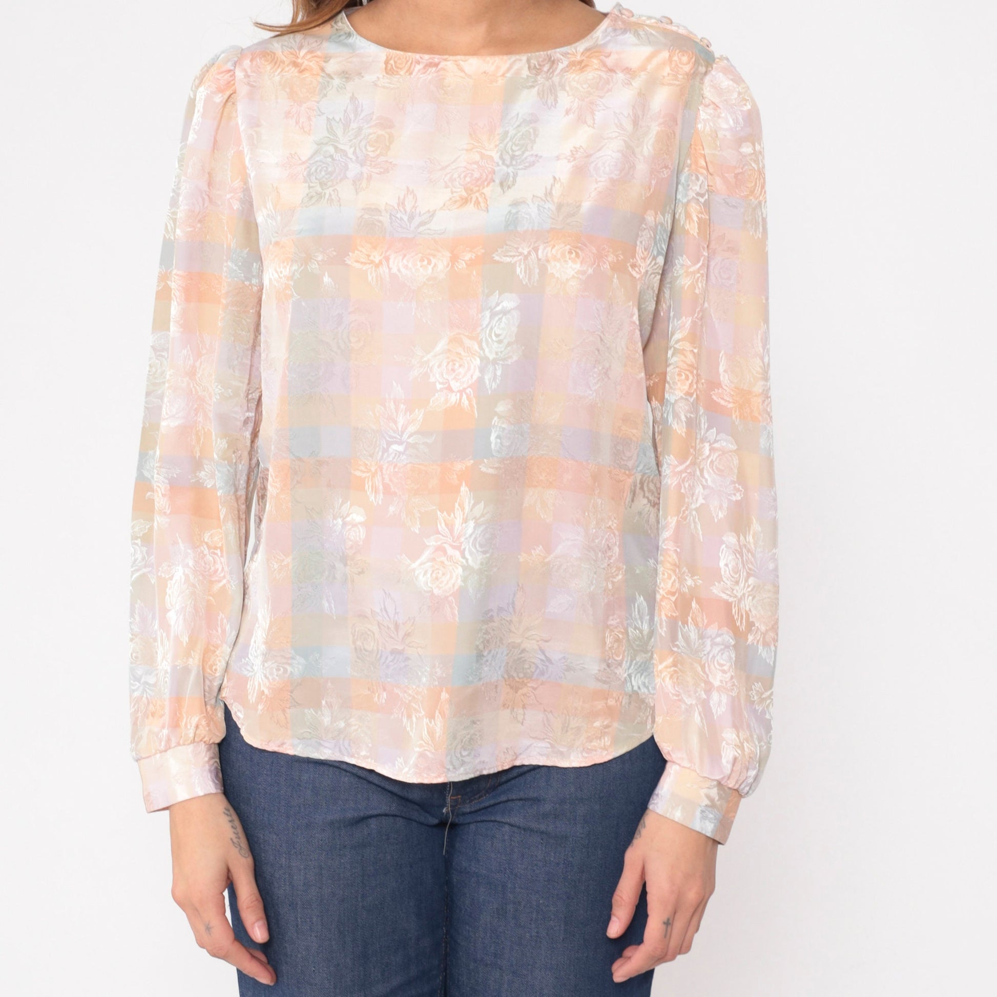 80s Kaki Roberts Peach Checkered Floral Puff Sleeve Blouse Small