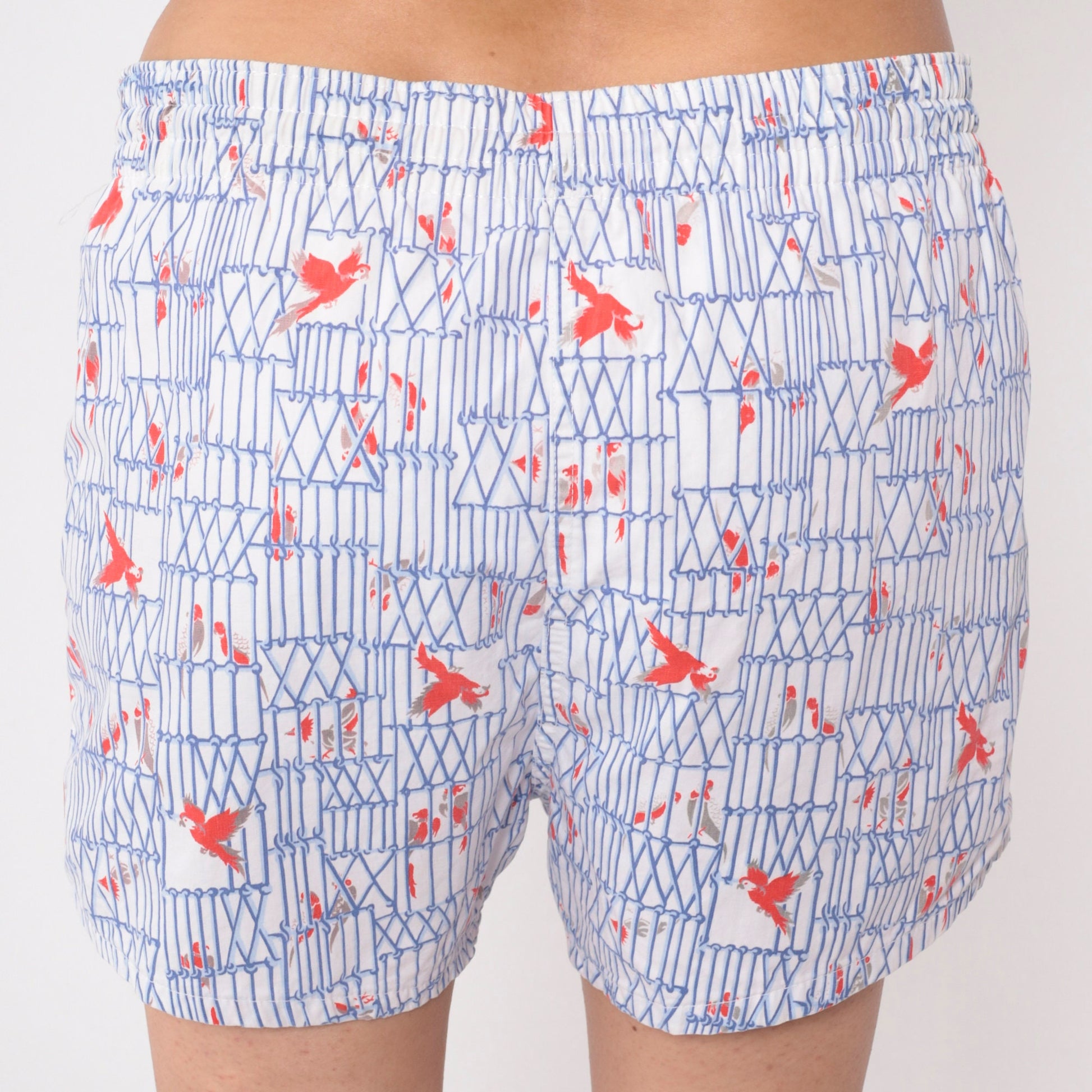 80s Bird Cage Parrot Swim Shorts White Blue Novelty Print Men's Medium