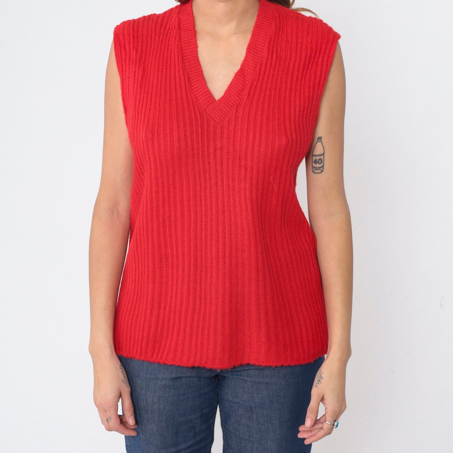 70s Red Ribbed Knit Sweater Vest V-Neck Sleeveless Pullover Large L