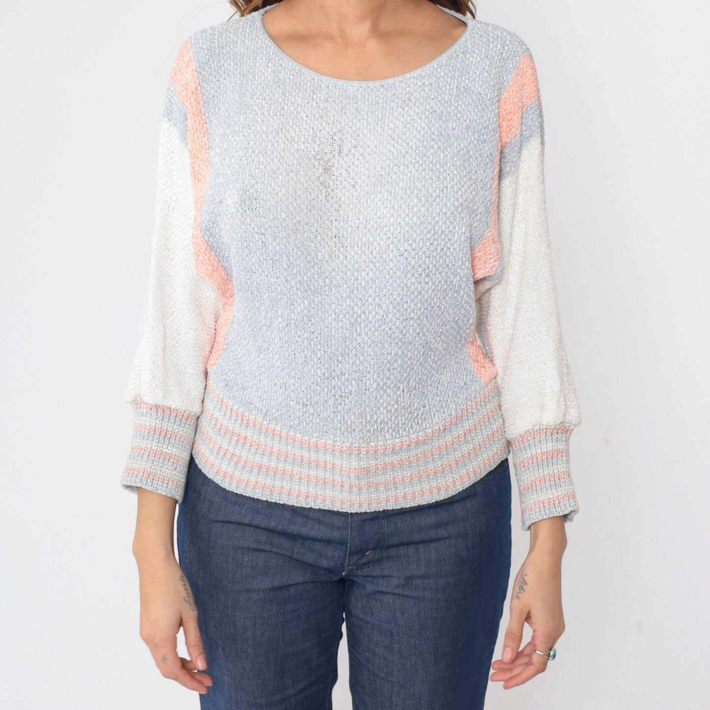 70s Dolman Sleeve Knit Sweater Grey Orange White Striped Colorblock Small