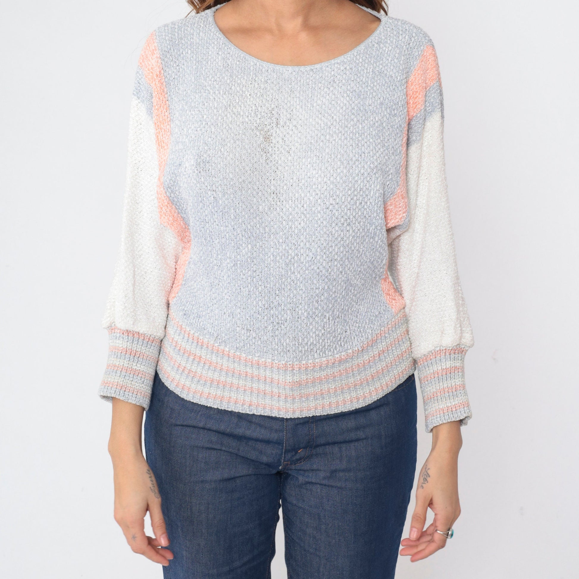 70s Dolman Sleeve Knit Sweater Grey Orange White Striped Colorblock Small