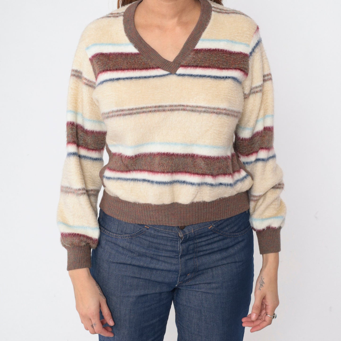 70s Striped Fleece V-Neck Sweatshirt Brown Cream Red Blue Large L