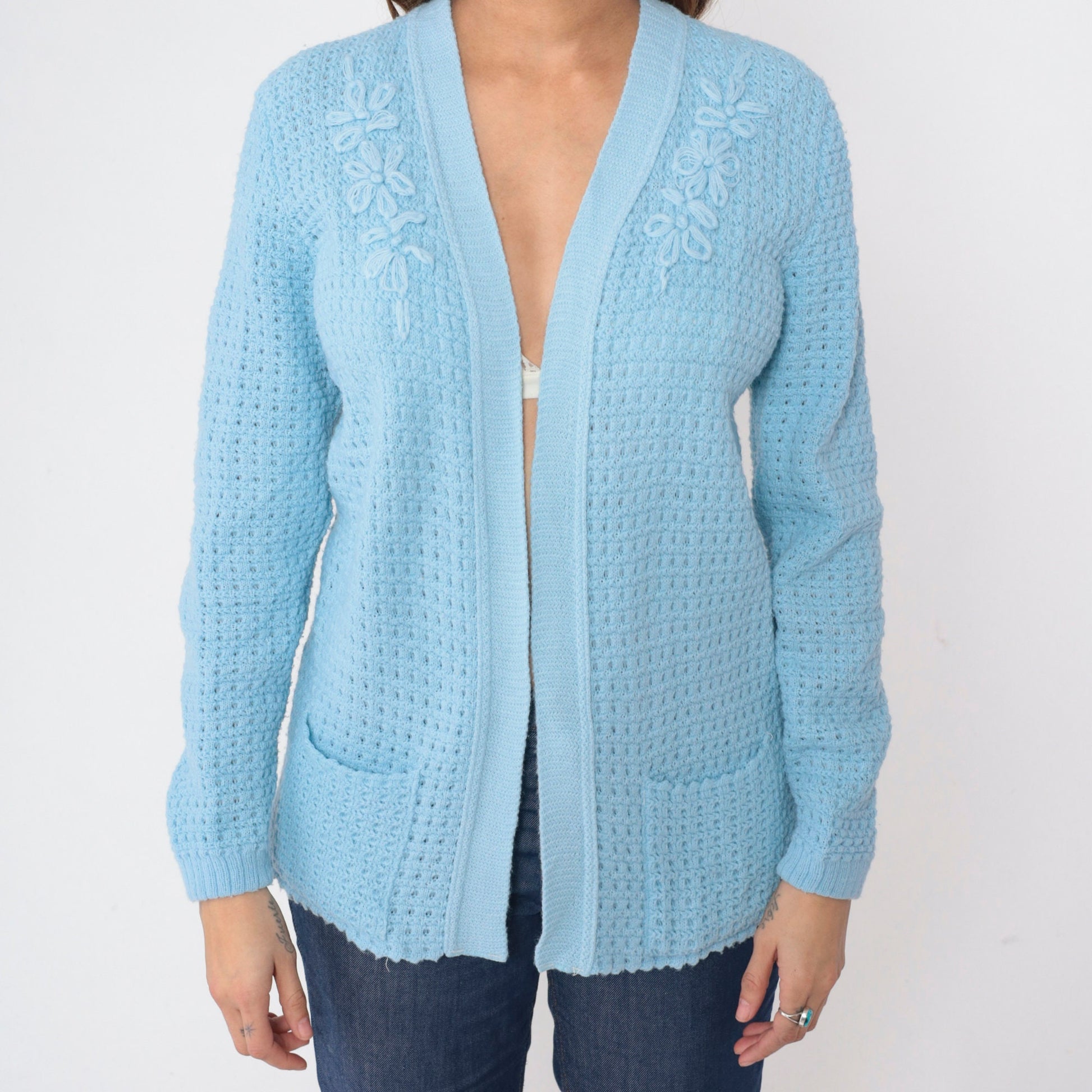 70s Baby Blue Cardigan Knit Floral Embroidered Open Front Sweater Medium M