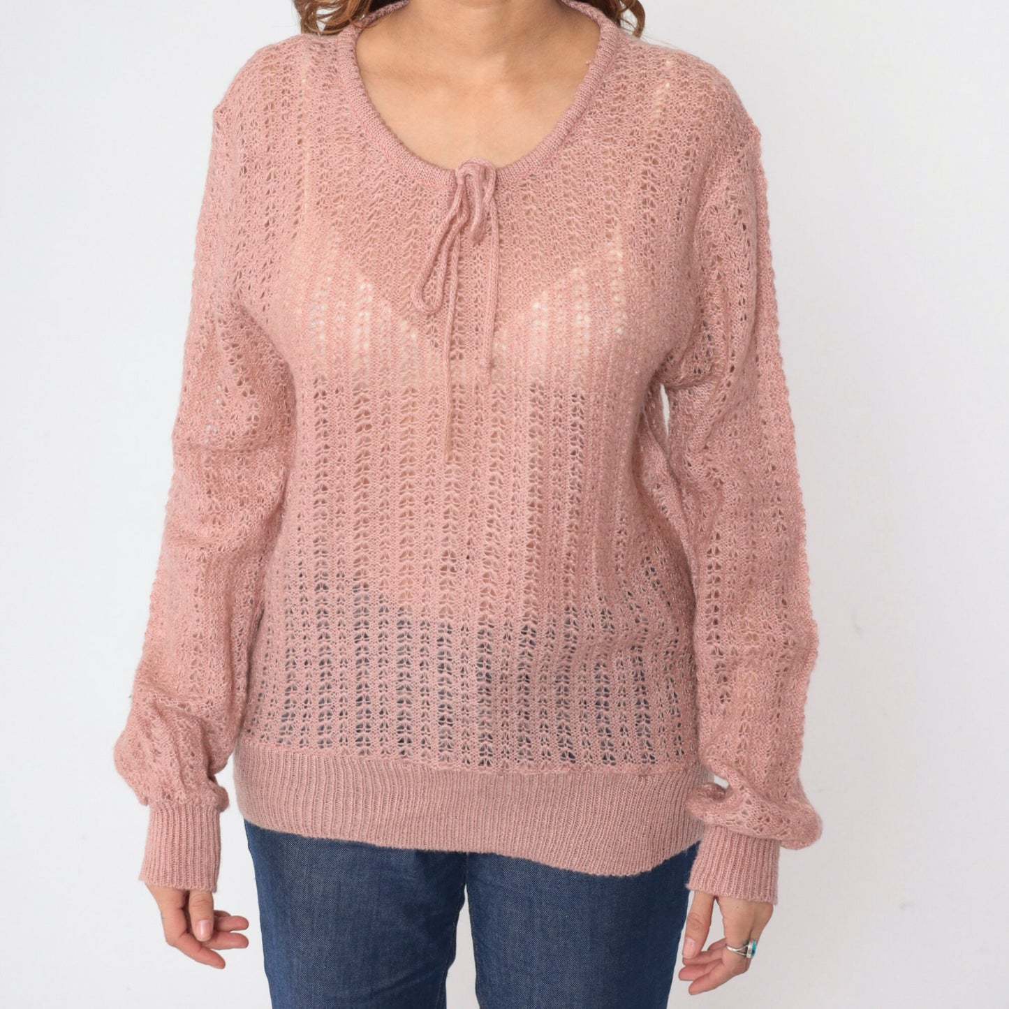 70s Dusty Pink Pointelle Knit Sweater Cutout Bow Tie Pullover Medium M