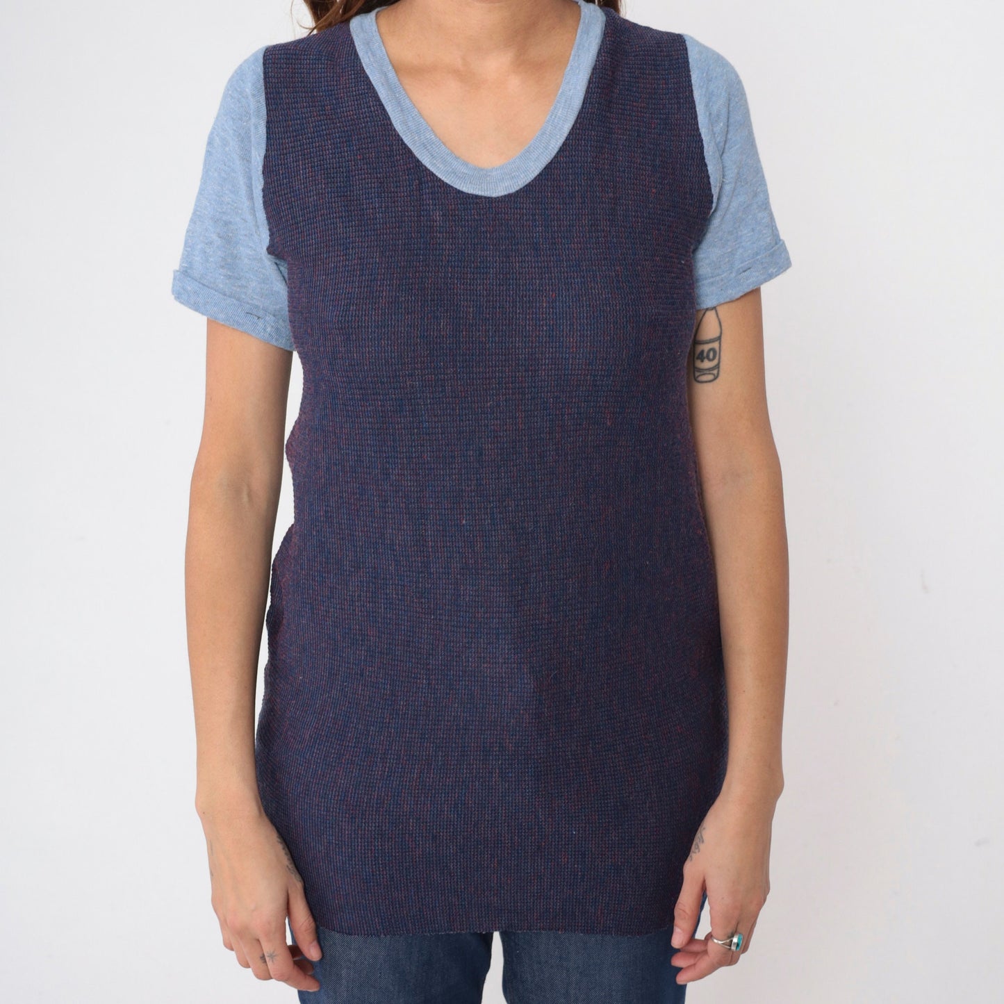 70s Ringer Tee Blue Waffle Knit Scoop Neck Cuffed Sleeve Small