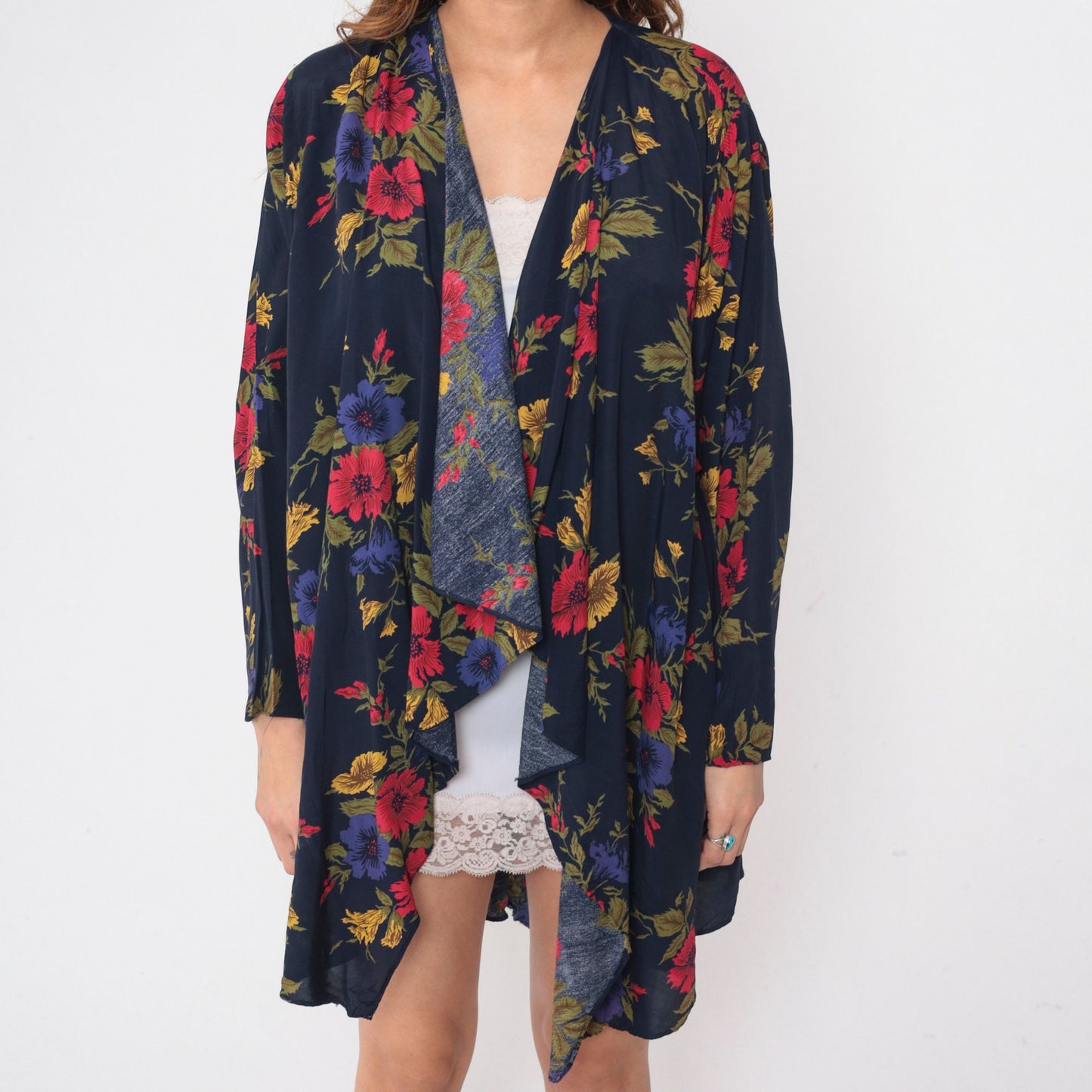 90s Navy Floral Open-Front Cardigan Jacket Waterfall Rayon Large