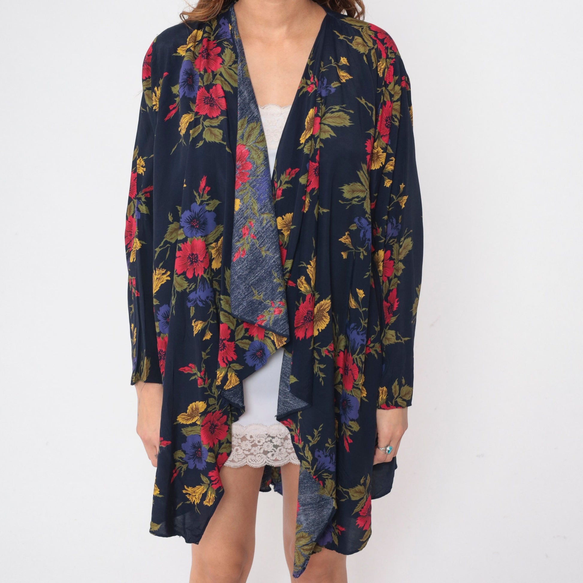 90s Navy Floral Open-Front Cardigan Jacket Waterfall Rayon Large