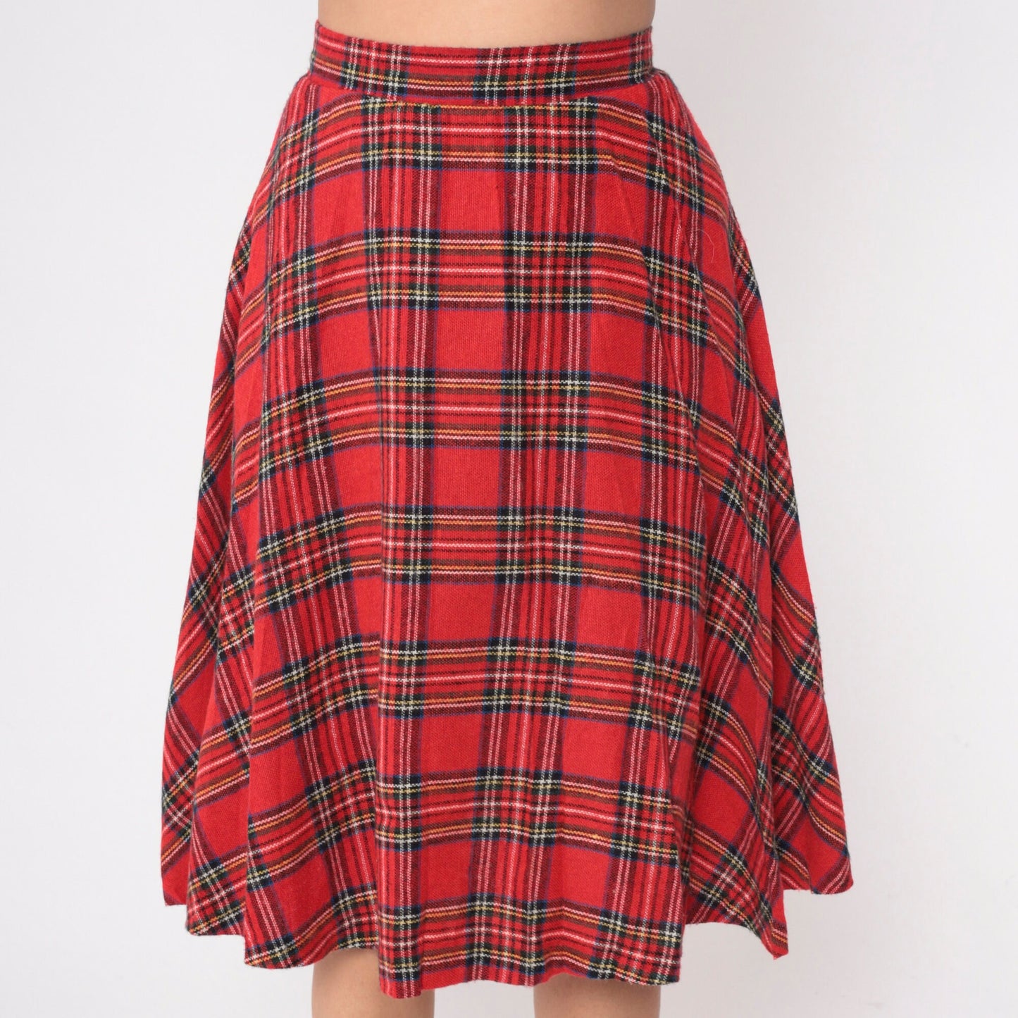70s Red Plaid Midi Skirt High Waisted A-Line Tartan Small S