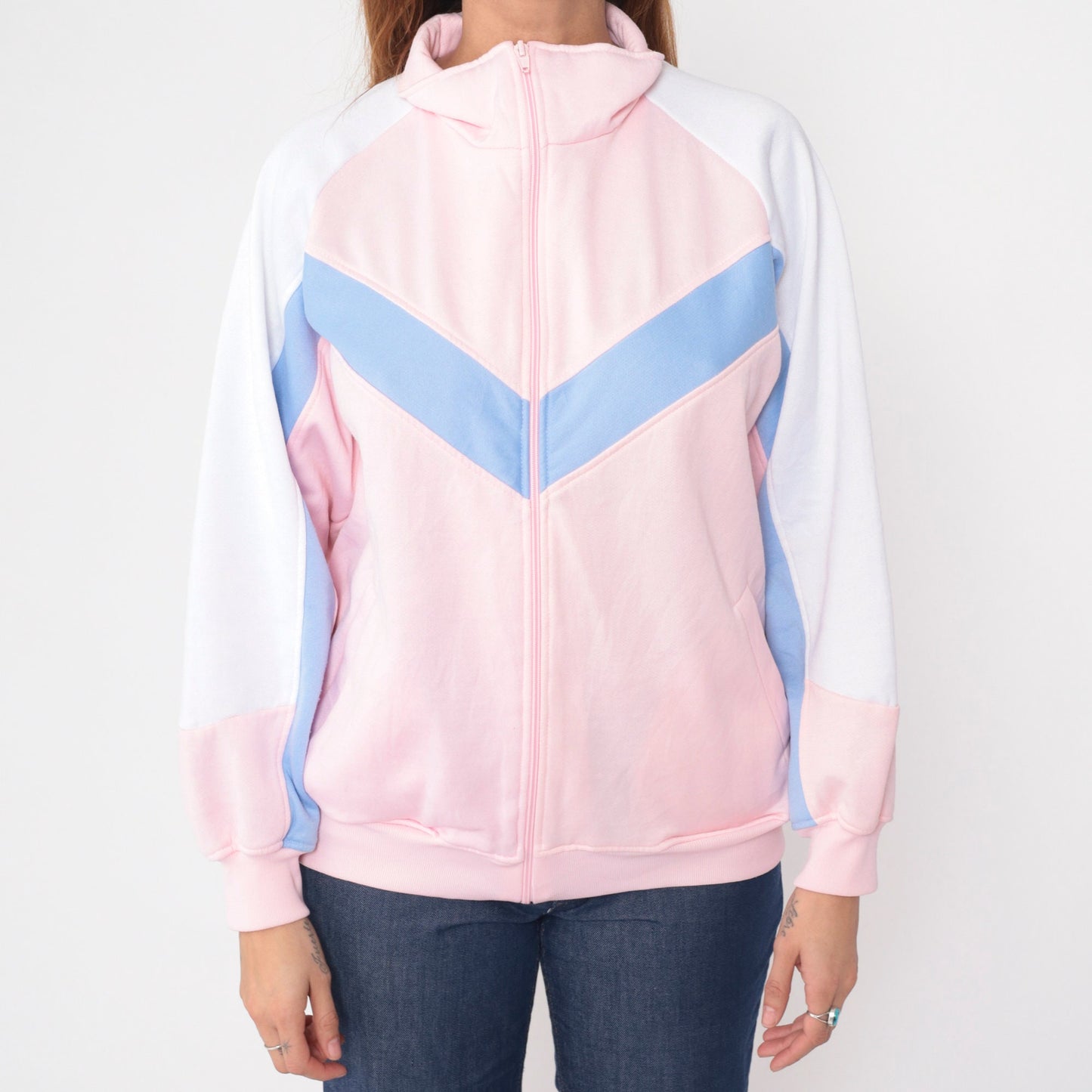 90s Baby Pink Track Jacket Periwinkle Chevron Stripe Zip Raglan Large L