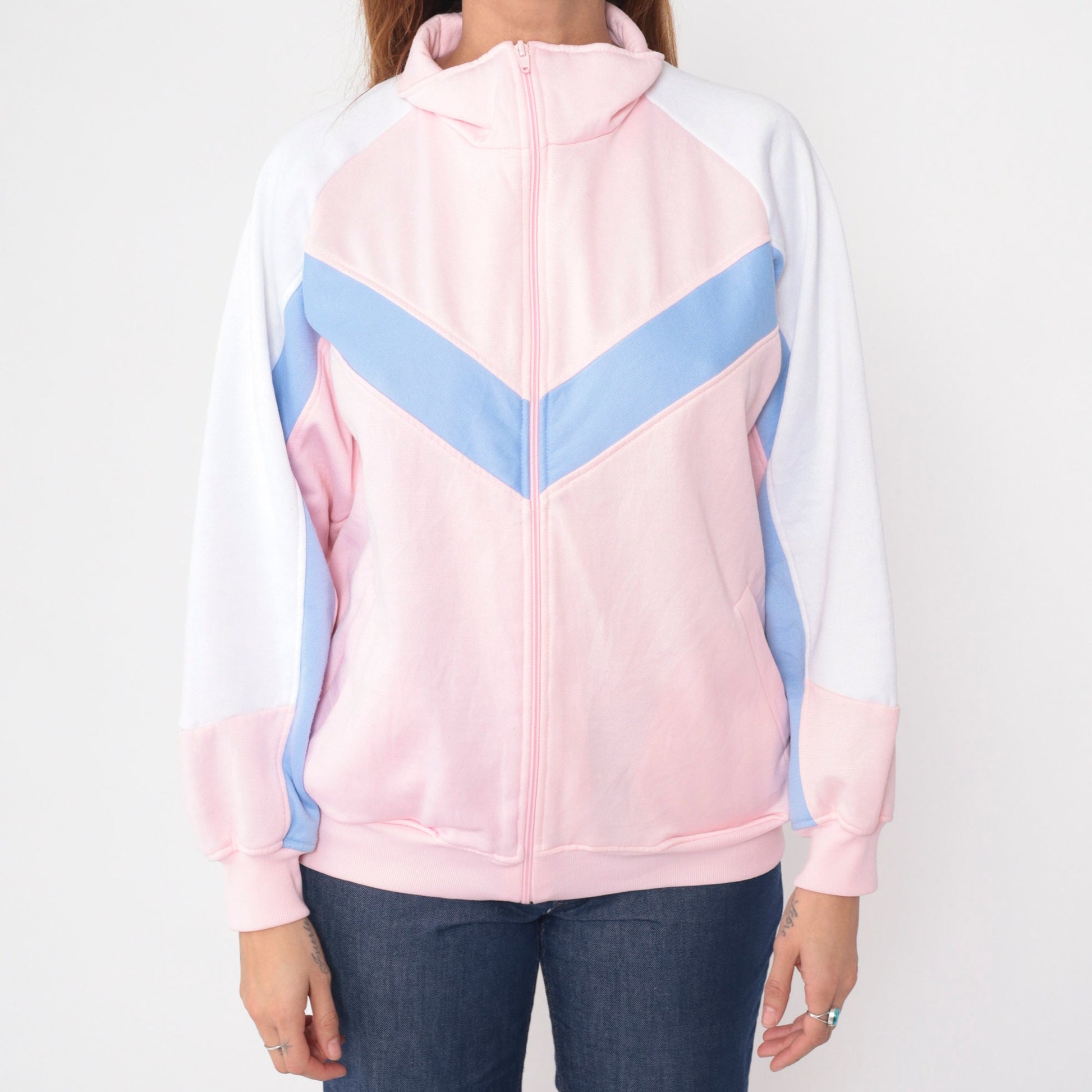 90s Baby Pink Track Jacket Periwinkle Chevron Stripe Zip Raglan Large L