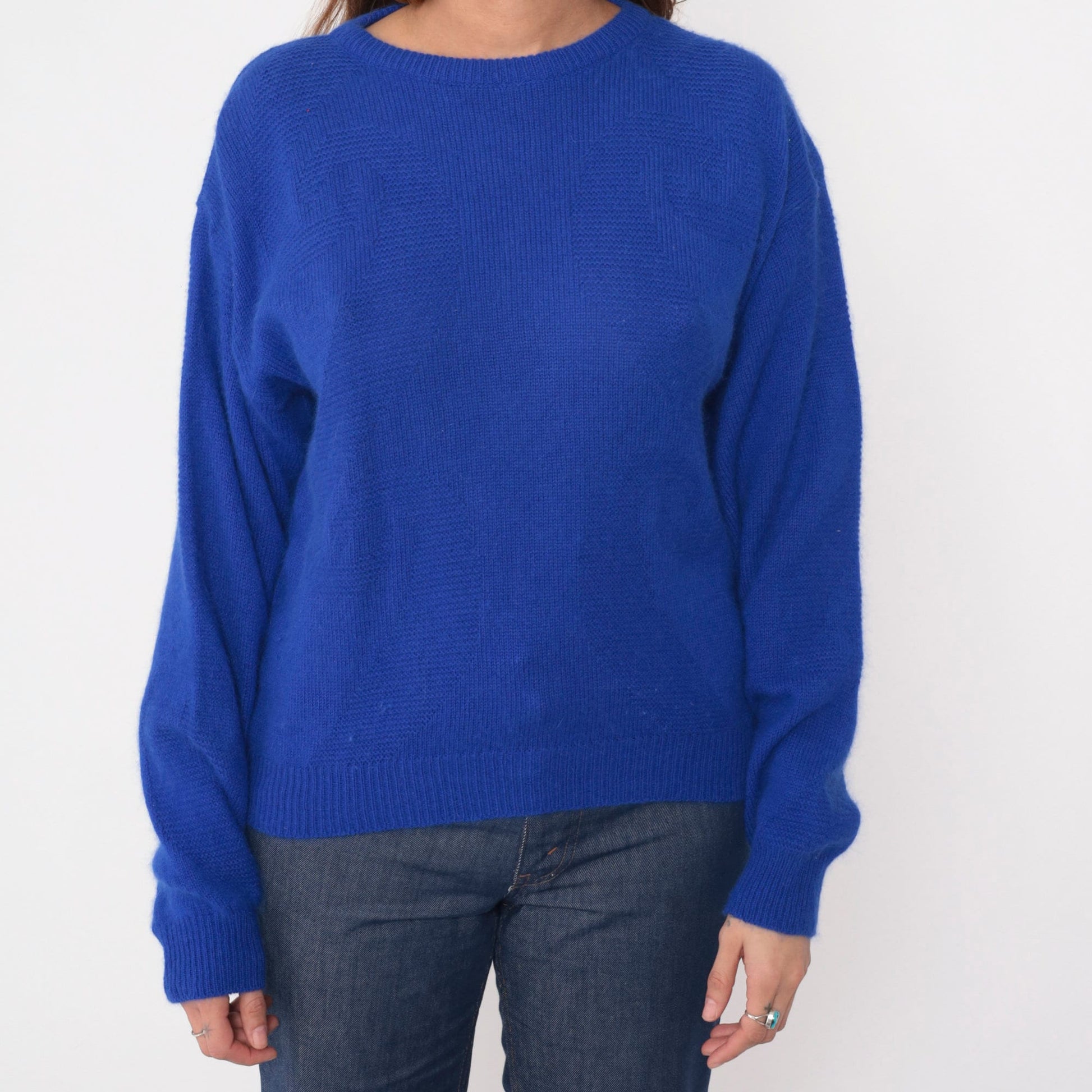 Pierre Cardin 90s Royal Blue Angora Wool Sweater Textured Crewneck Medium M