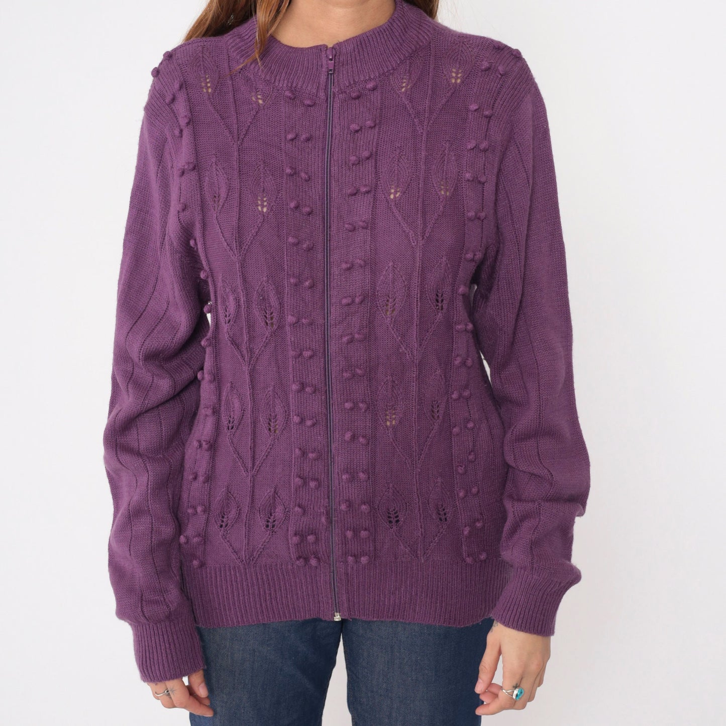 90s Purple Pointelle Cardigan Popcorn Knit Leaf Design Zip Up Sweater Medium