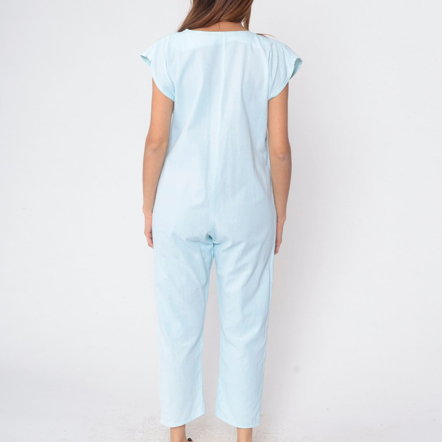 80s Baby Blue Cotton Jumpsuit Cap Sleeve Button Front Ankle Medium