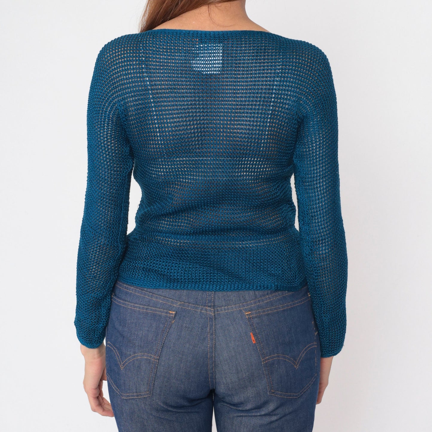 70s Missoni Sheer Mesh Knit Sweater Blue Boatneck Drawstring Waist Extra Small