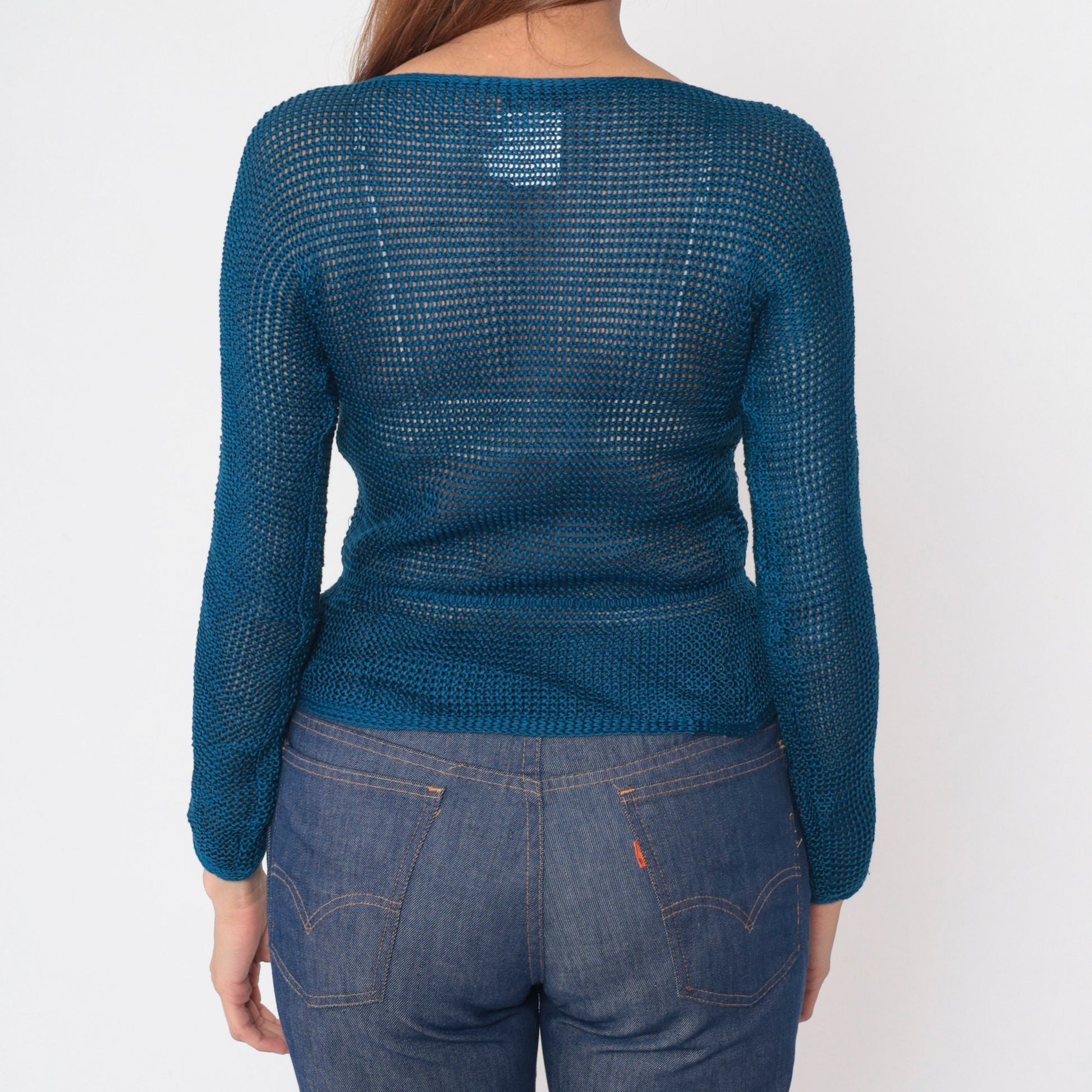 70s Missoni Sheer Mesh Knit Sweater Blue Boatneck Drawstring Waist Extra Small